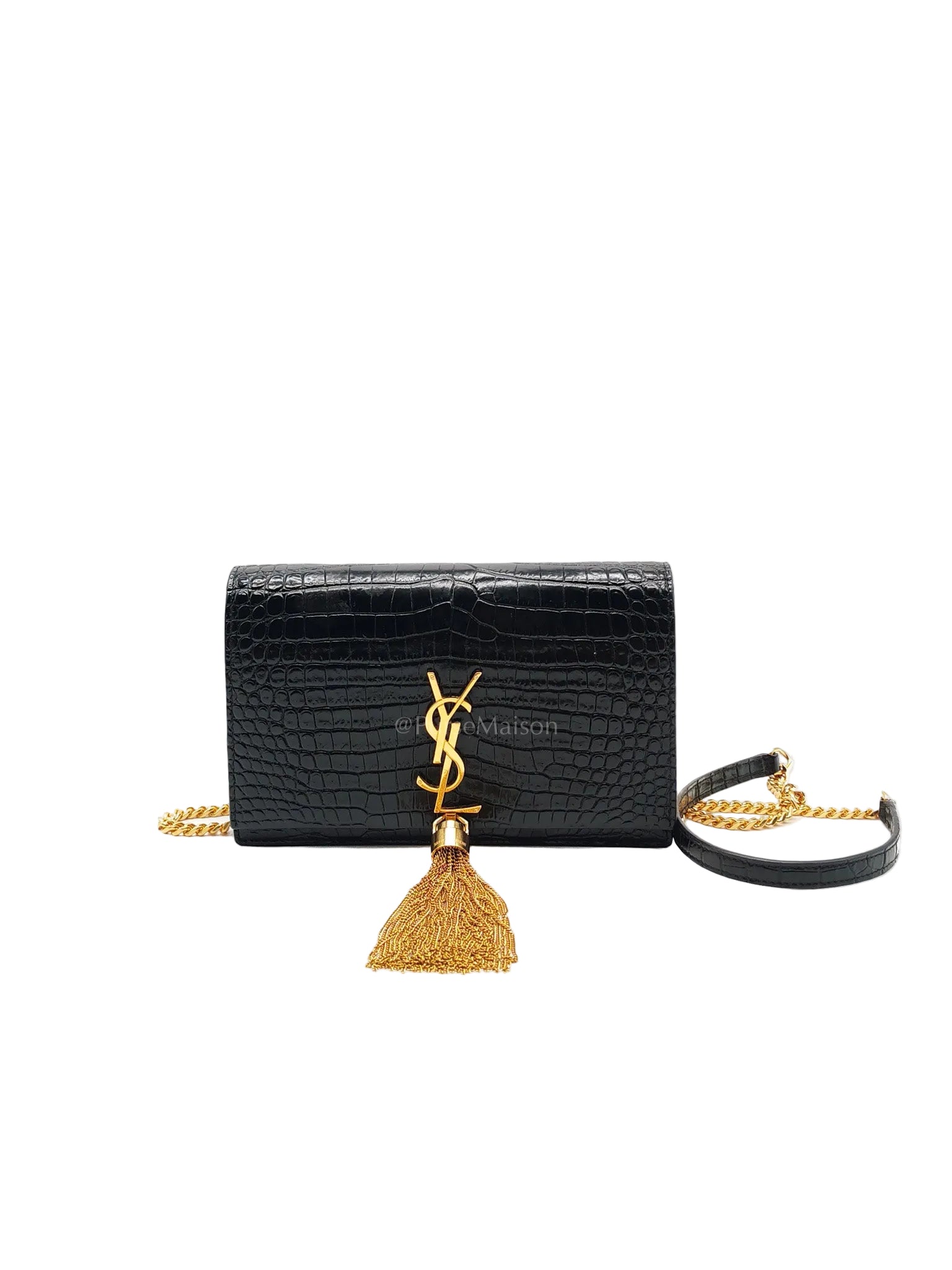 Kate Tassel Bag in Black Croc-Embossed Leather & Gold Hardware | Purse Maison Luxury Bags Shop