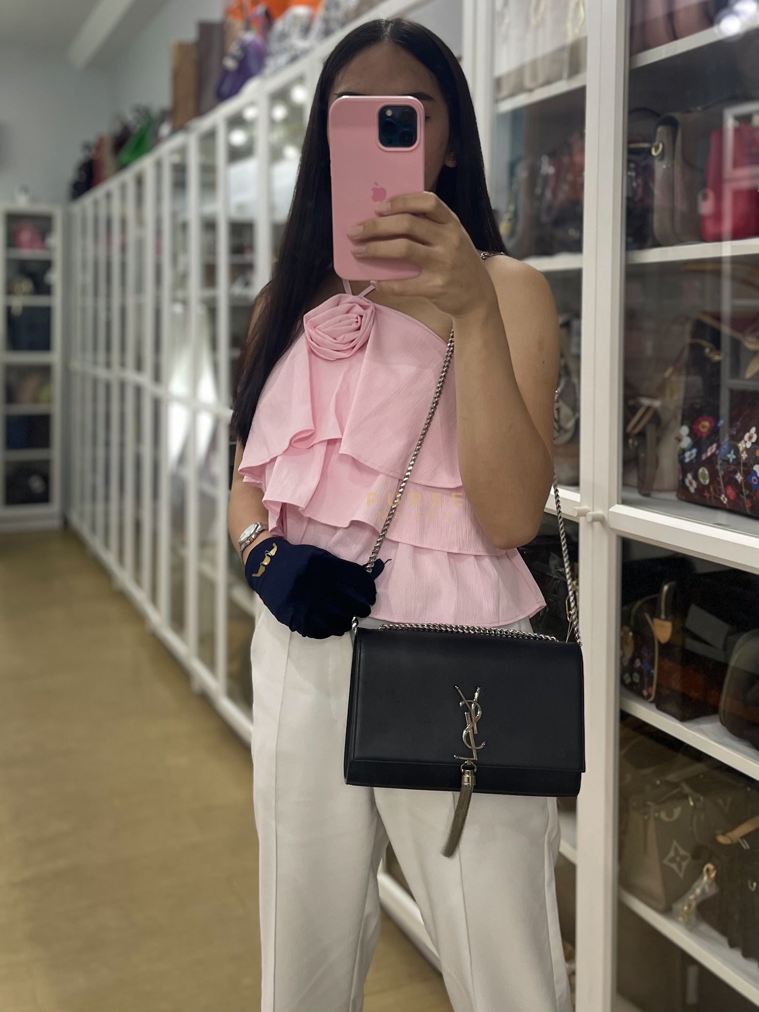 Kate Tassel Bag Medium in Black Smooth Calfskin Leather Silver Hardware | Purse Maison Luxury Bags Shop