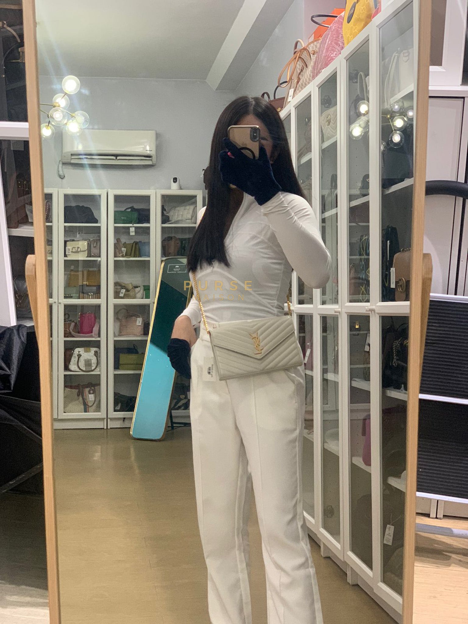 Kate Wallet on Chain in Off White Chevron Quilted Leather | Purse Maison Luxury Bags Shop