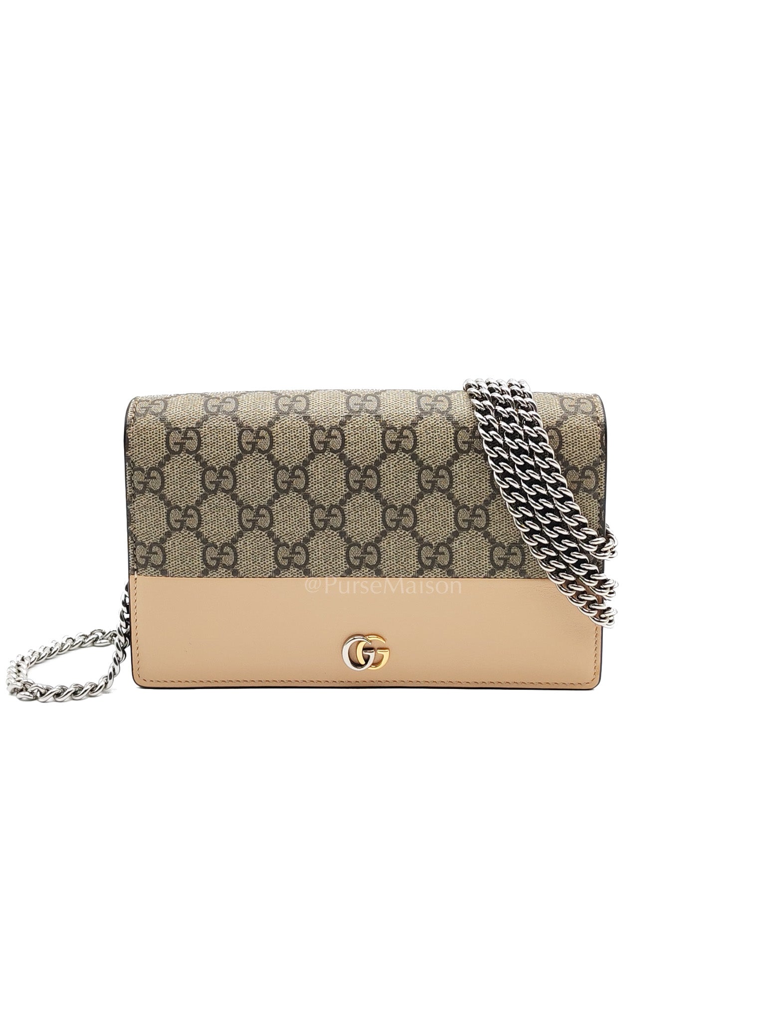 Gucci GG Marmont Wallet on Chain in Beige Leather GG Supreme Canvas