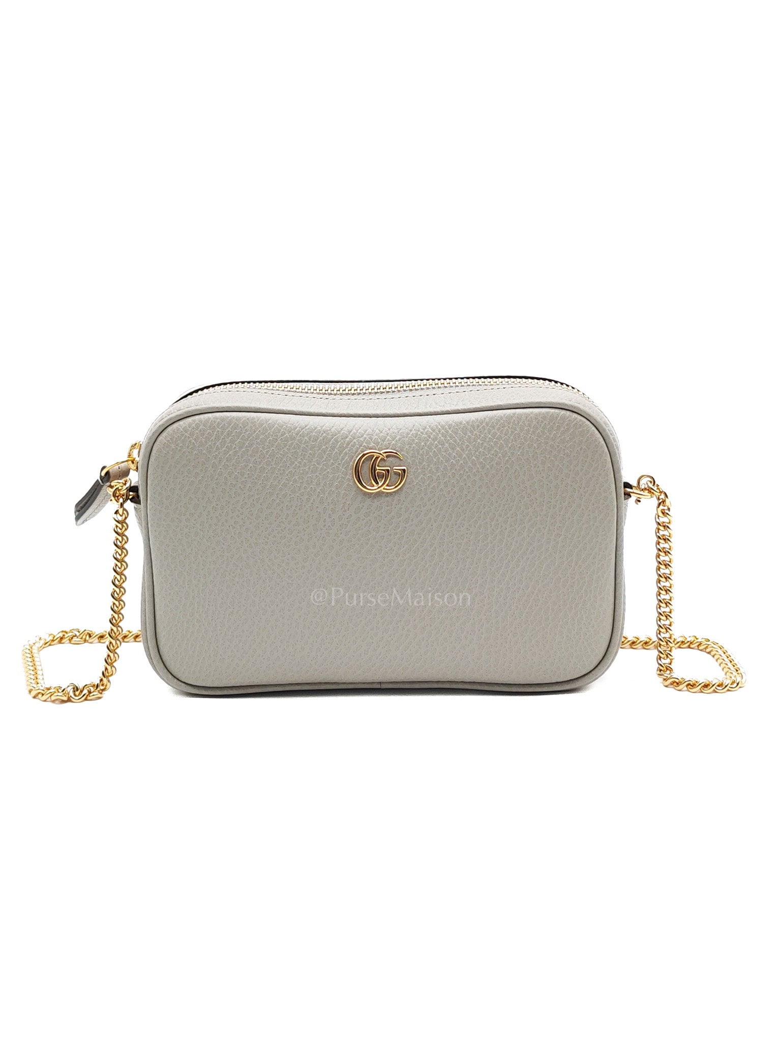 Gucci Marmont Mini Camera Bag in Light Gray Grained Calfskin Leather Chain Strap