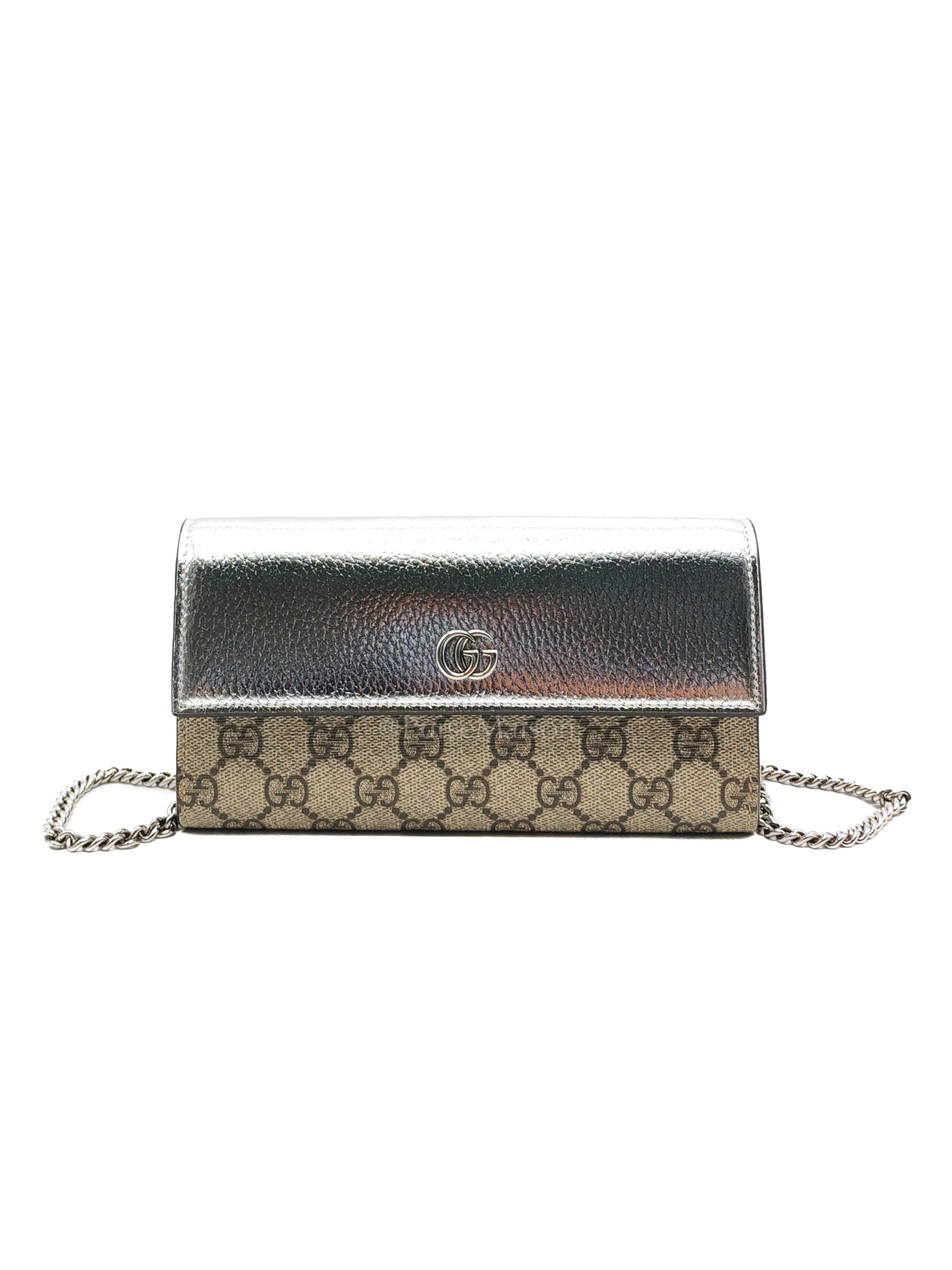 Gucci Supreme Continental Wallet On Chain in Metalic Silver Flap Crossbody Bag