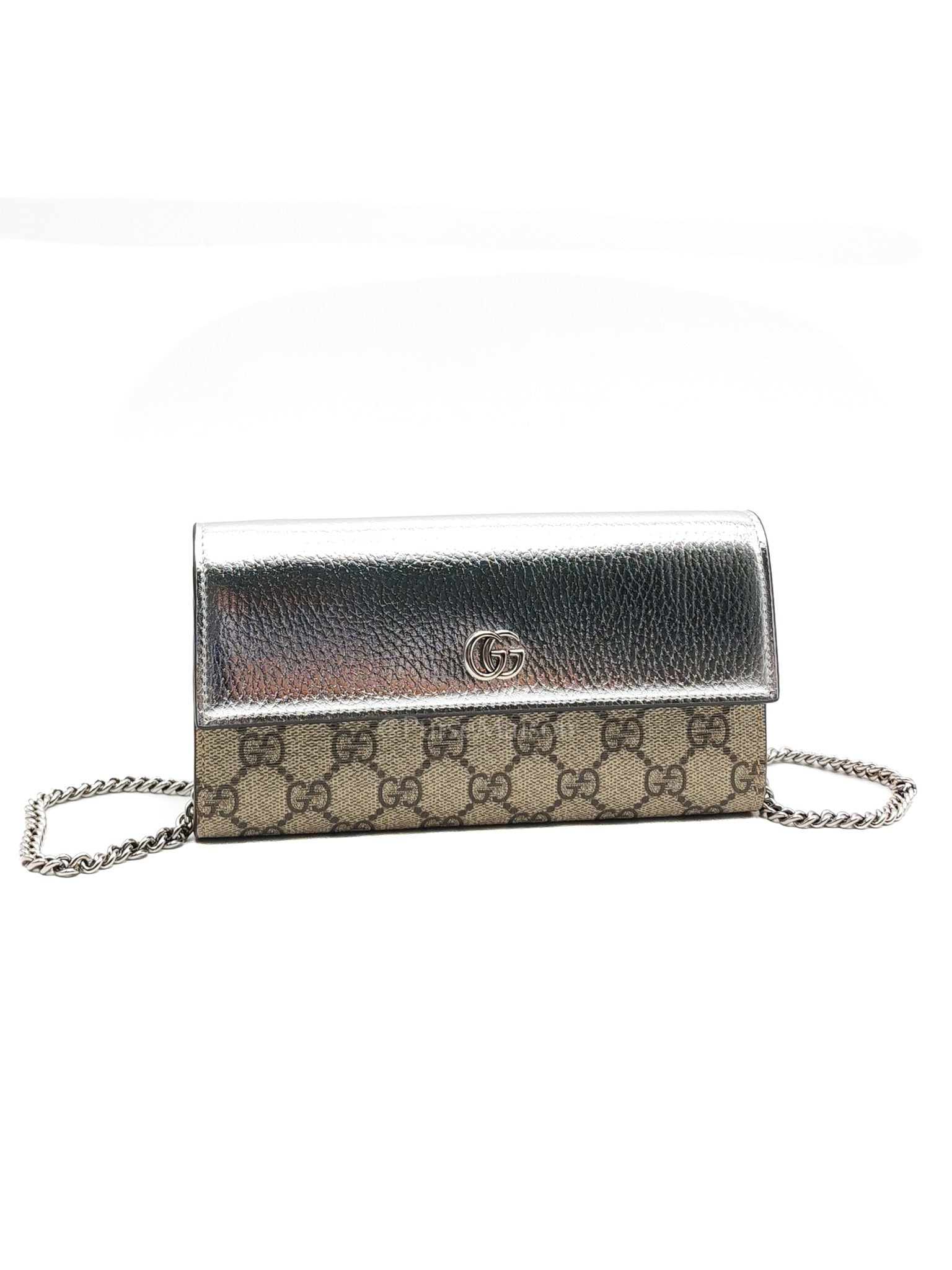 Gucci Supreme Continental Wallet On Chain in Metalic Silver Flap Crossbody Bag