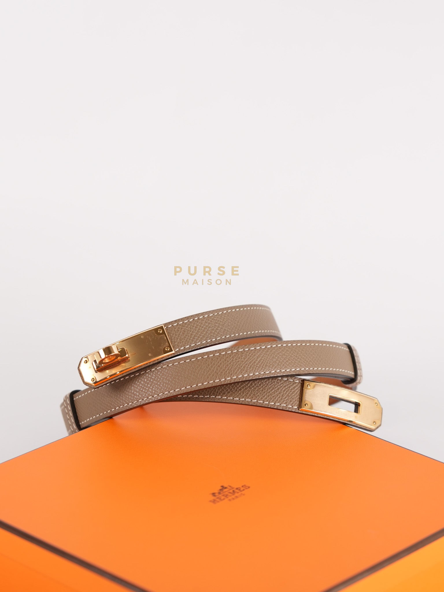 Kelly 18 Belt in Etoupe Epsom Leather & Rose Gold Hardware Stamp B (2023) | Purse Maison Luxury Bags Shop