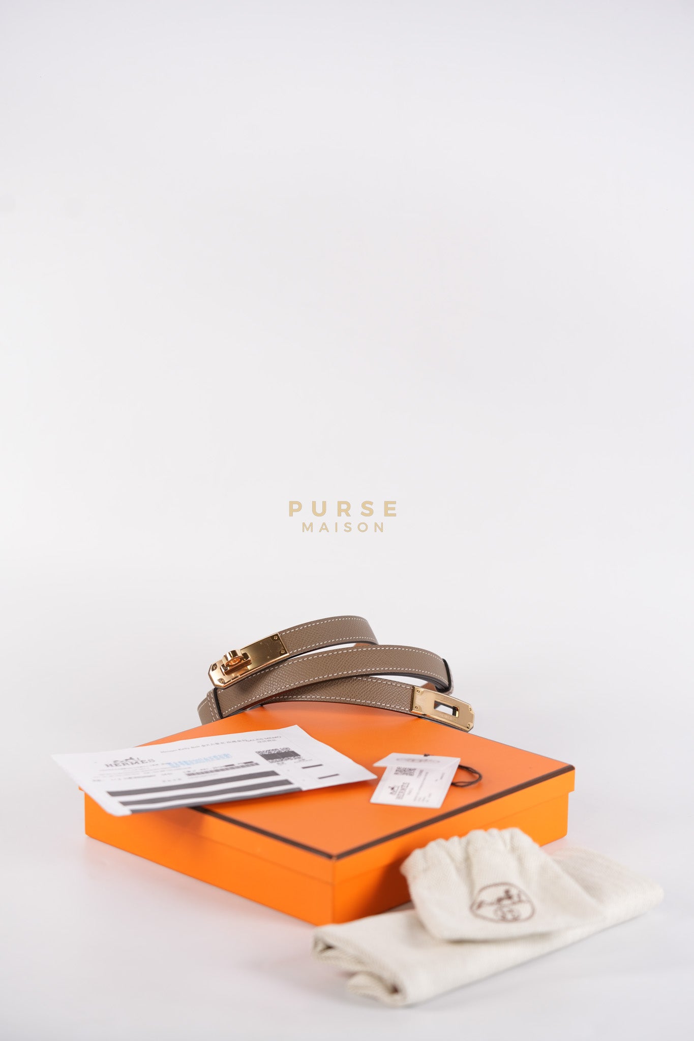 Kelly 18 Belt in Etoupe Epsom Leather & Rose Gold Hardware Stamp B (2023) | Purse Maison Luxury Bags Shop