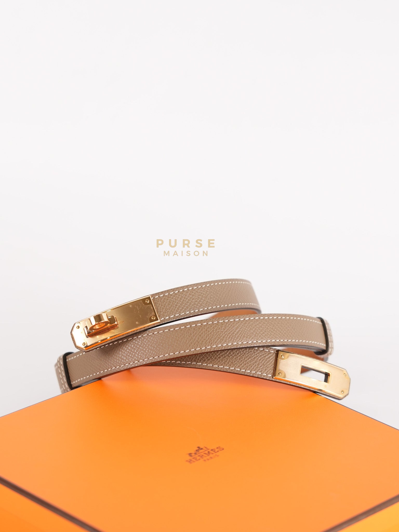 Kelly 18 Belt in Etoupe Epsom Leather & Rose Gold Hardware Stamp B (2023) | Purse Maison Luxury Bags Shop