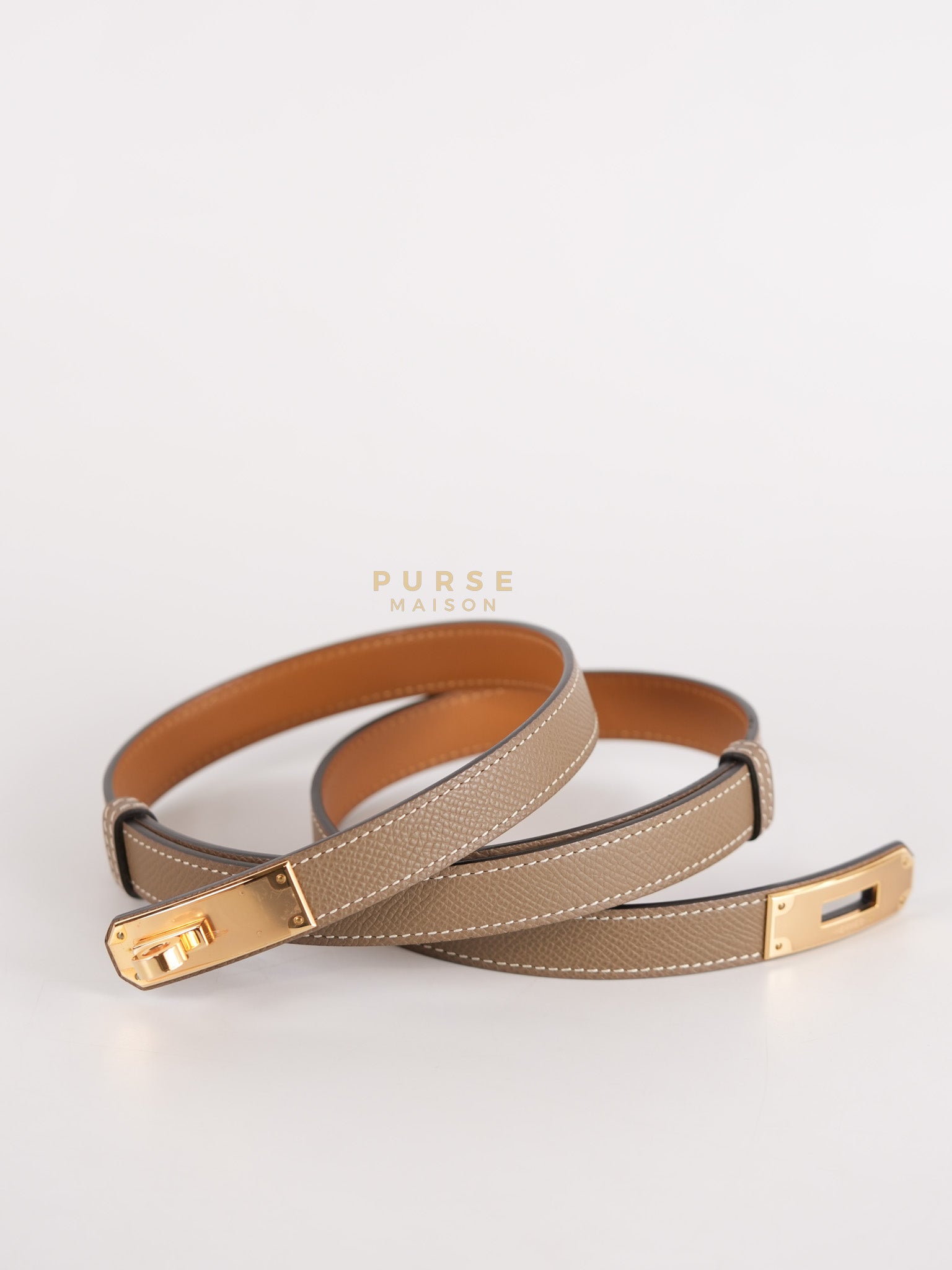 Kelly 18 Belt in Etoupe Epsom Leather & Rose Gold Hardware Stamp B (2023) | Purse Maison Luxury Bags Shop