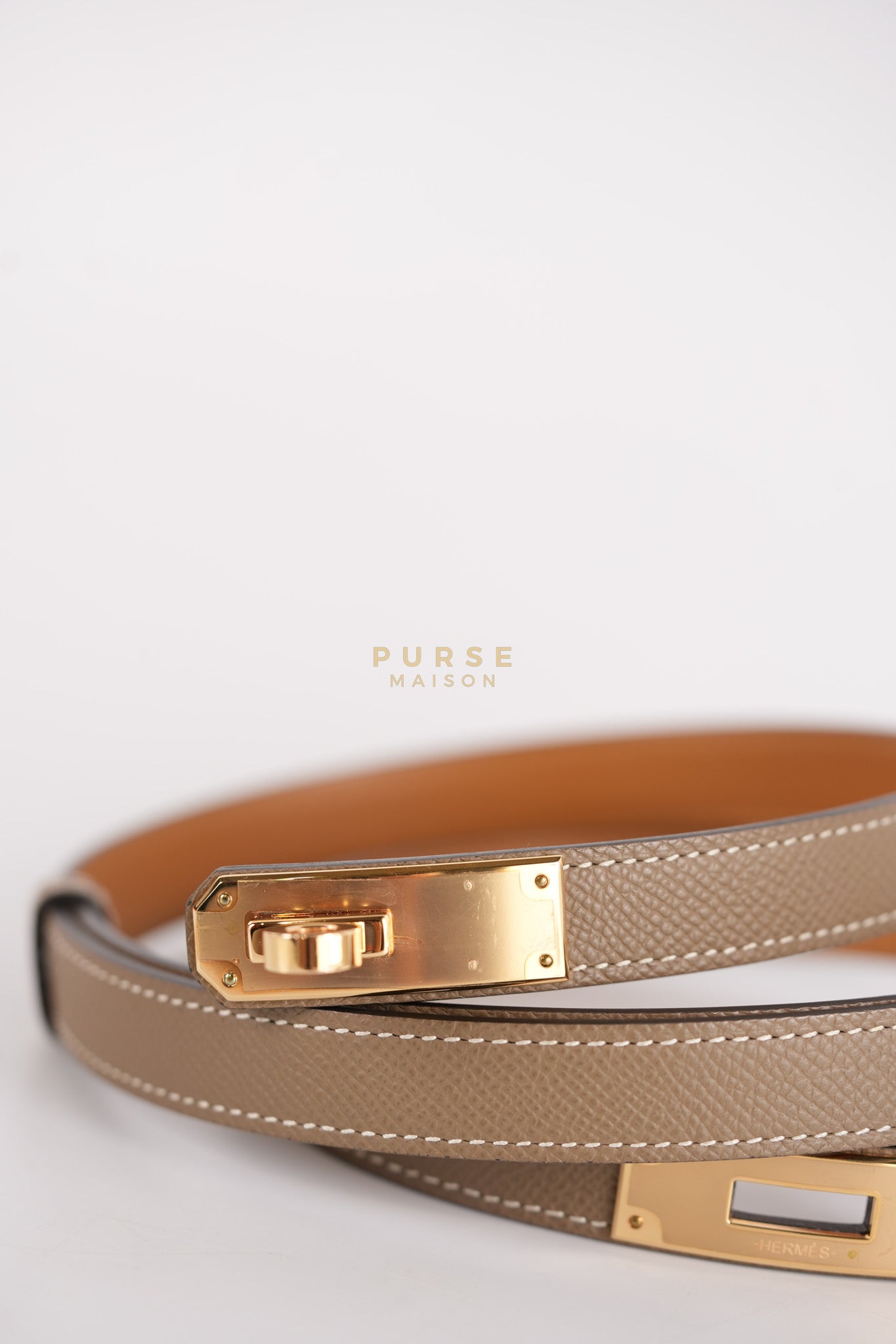 Kelly 18 Belt in Etoupe Epsom Leather & Rose Gold Hardware Stamp B (2023) | Purse Maison Luxury Bags Shop