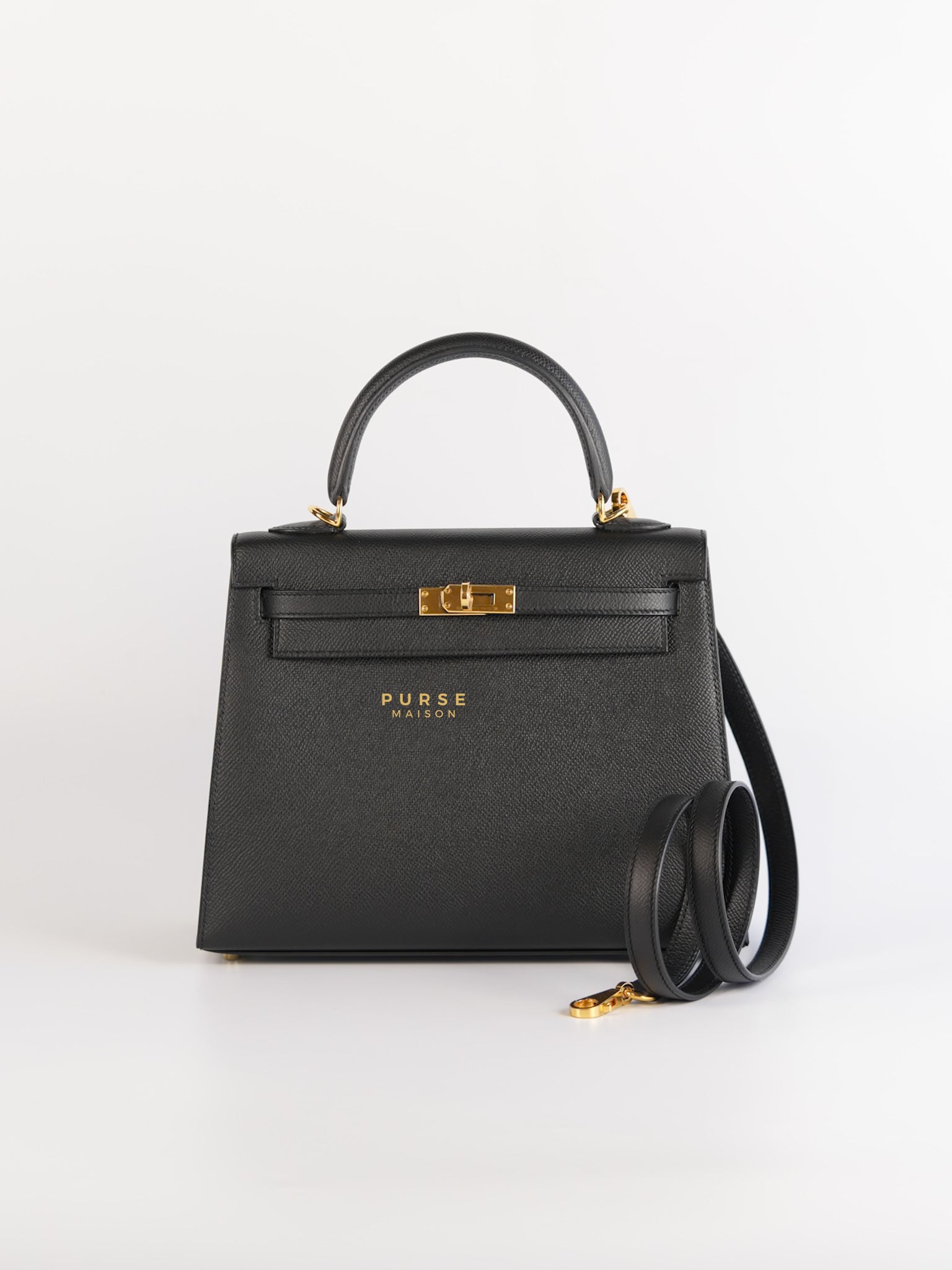 Kelly 25 Black Epsom Sellier Gold Hardware Stamp A | Purse Maison Luxury Bags Shop