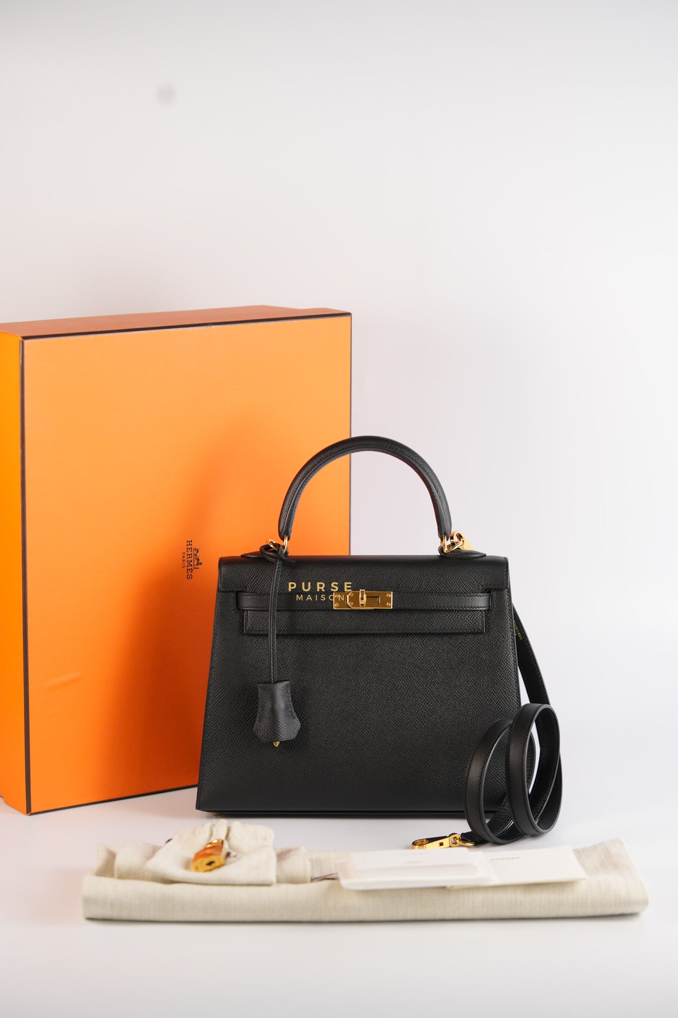 Kelly 25 Black Epsom Sellier Gold Hardware Stamp A | Purse Maison Luxury Bags Shop