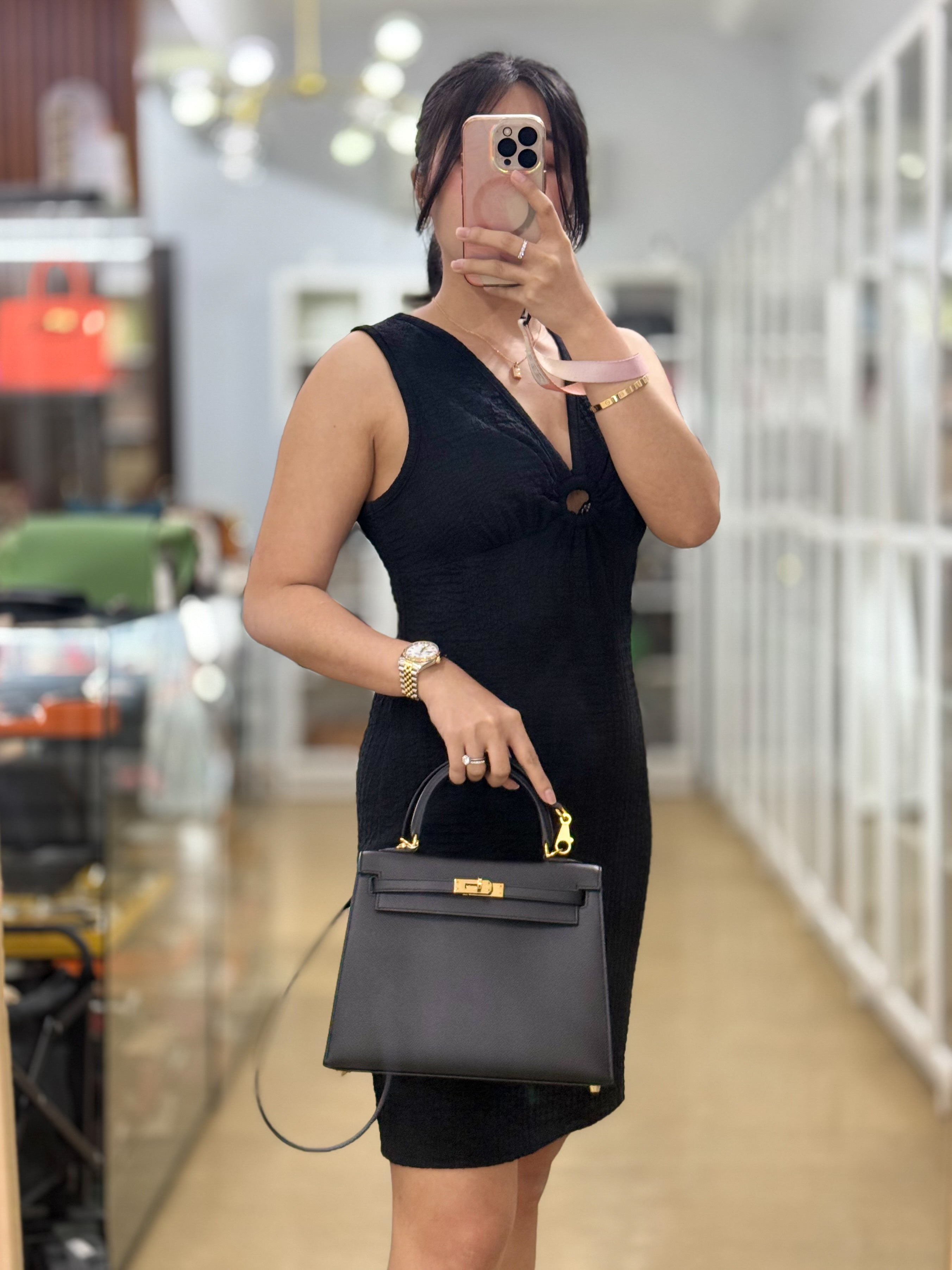 Kelly 25 Black Epsom Sellier Gold Hardware Stamp A | Purse Maison Luxury Bags Shop