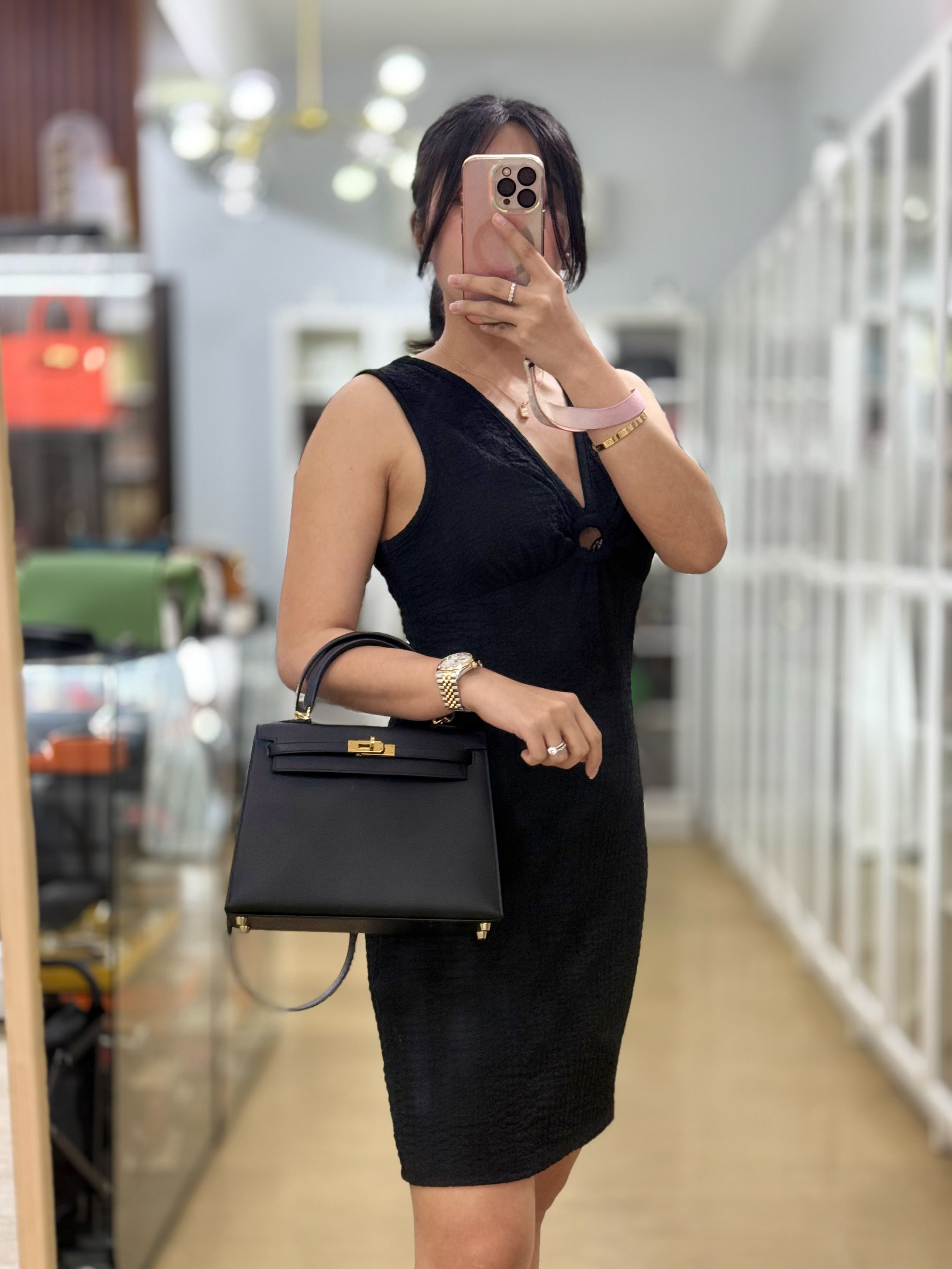Kelly 25 Black Epsom Sellier Gold Hardware Stamp A | Purse Maison Luxury Bags Shop