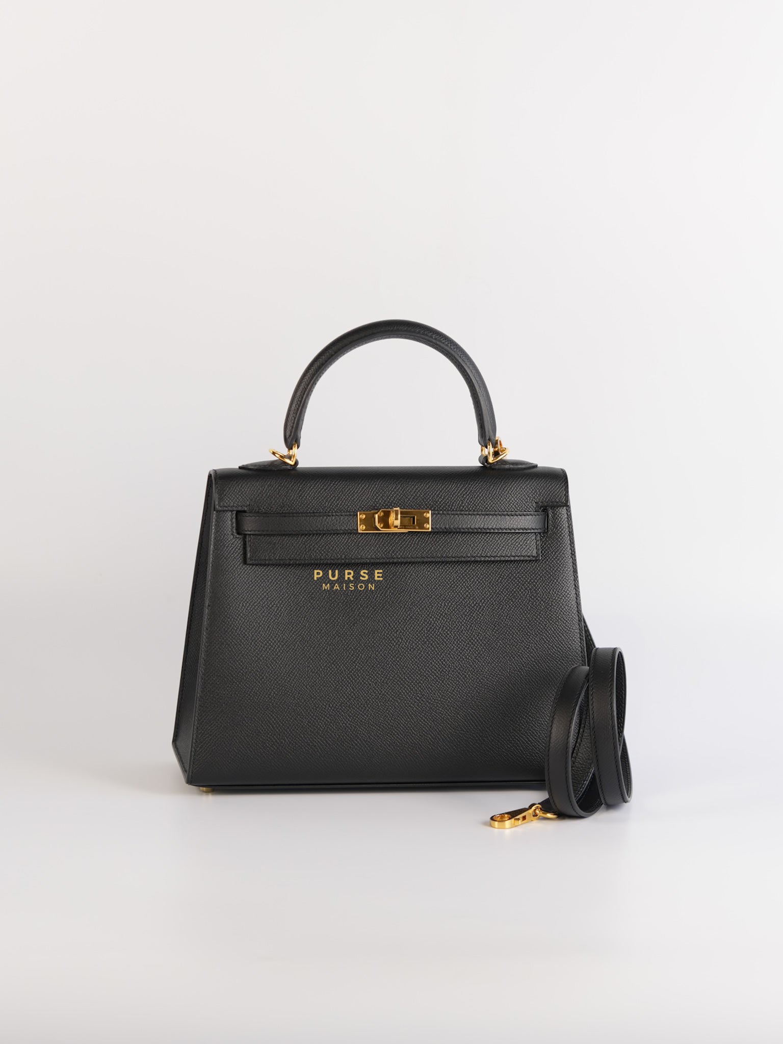 Kelly 25 Black Epsom Sellier Gold Hardware Stamp A | Purse Maison Luxury Bags Shop