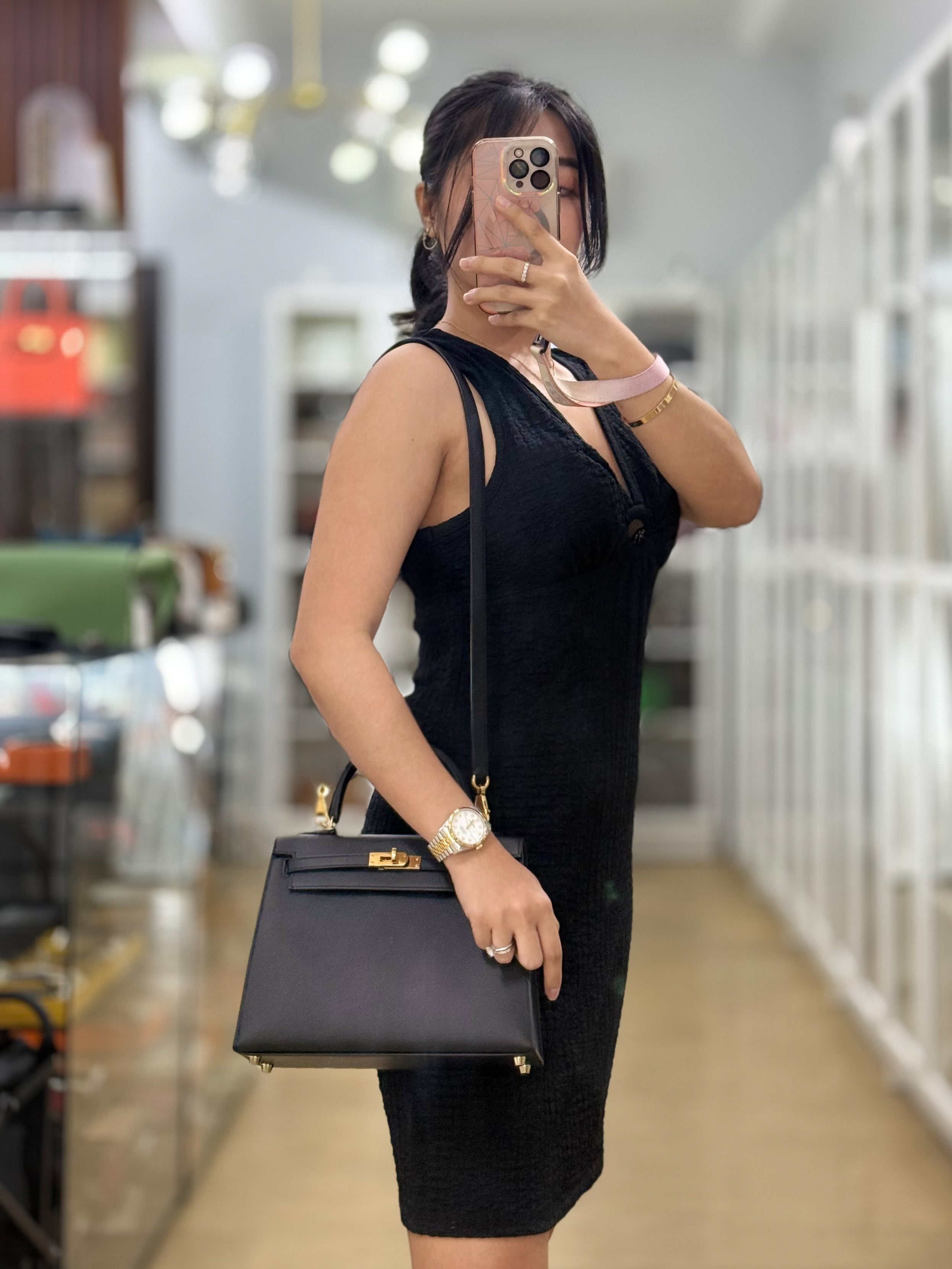 Kelly 25 Black Epsom Sellier Gold Hardware Stamp A | Purse Maison Luxury Bags Shop