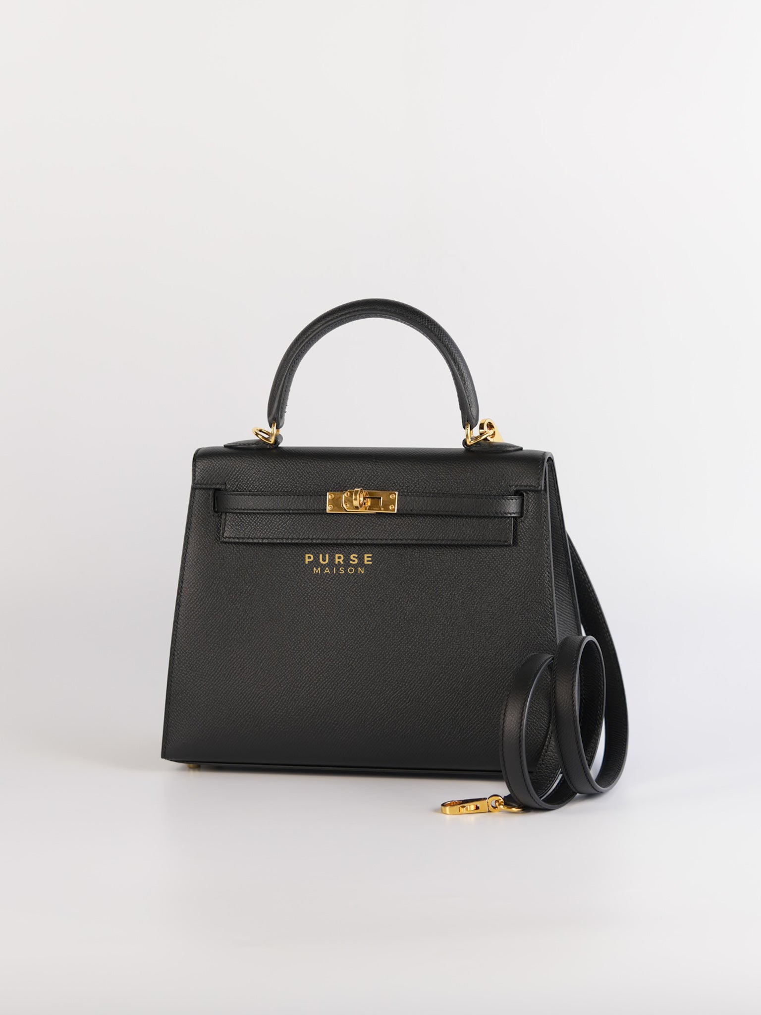Kelly 25 Black Epsom Sellier Gold Hardware Stamp A | Purse Maison Luxury Bags Shop