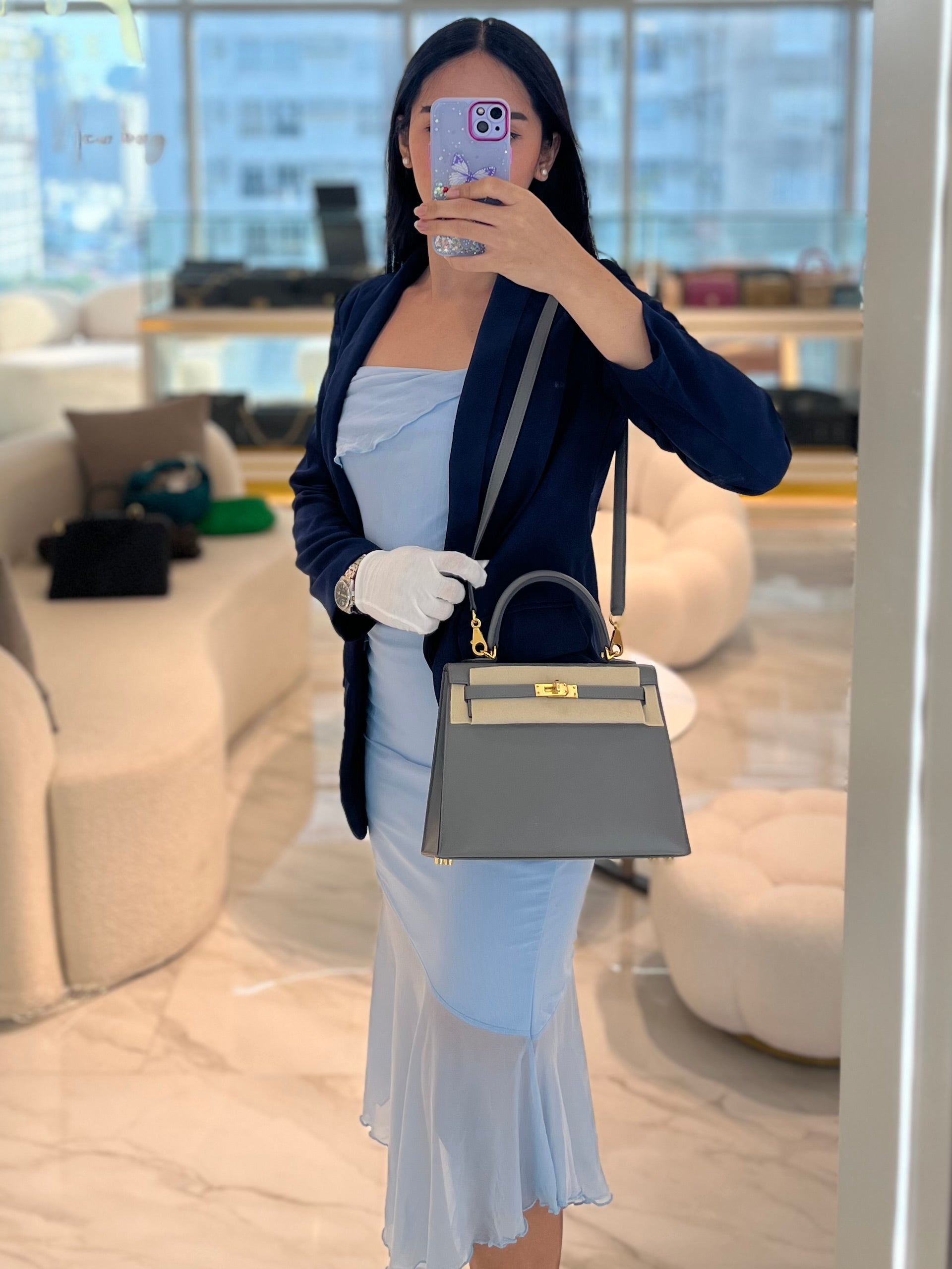 Kelly 25 Gris Mouette Madame Leather in Gold Hardware Stamp B (2023) | Purse Maison Luxury Bags Shop