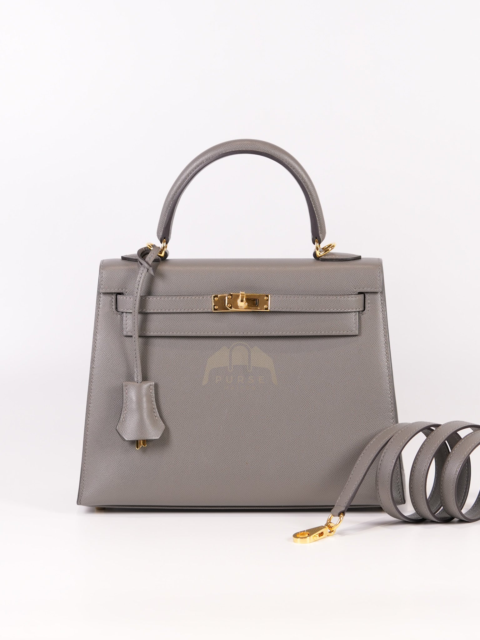 Kelly 25 Gris Mouette Madame Leather in Gold Hardware Stamp B (2023) | Purse Maison Luxury Bags Shop
