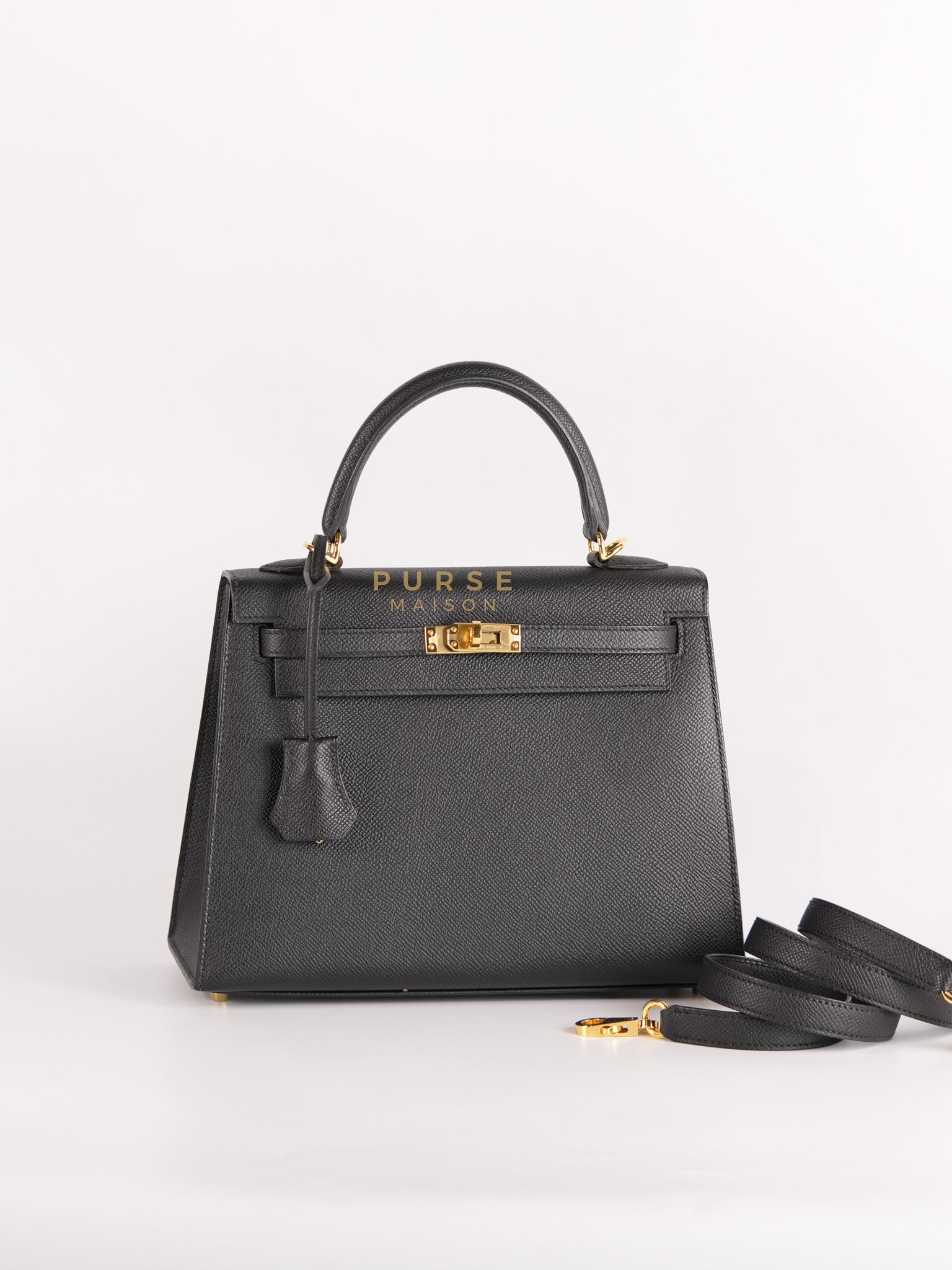 Kelly 25 in Black Epsom Leather & Gold Hardware Stamp W (2024) | Purse Maison Luxury Bags Shop