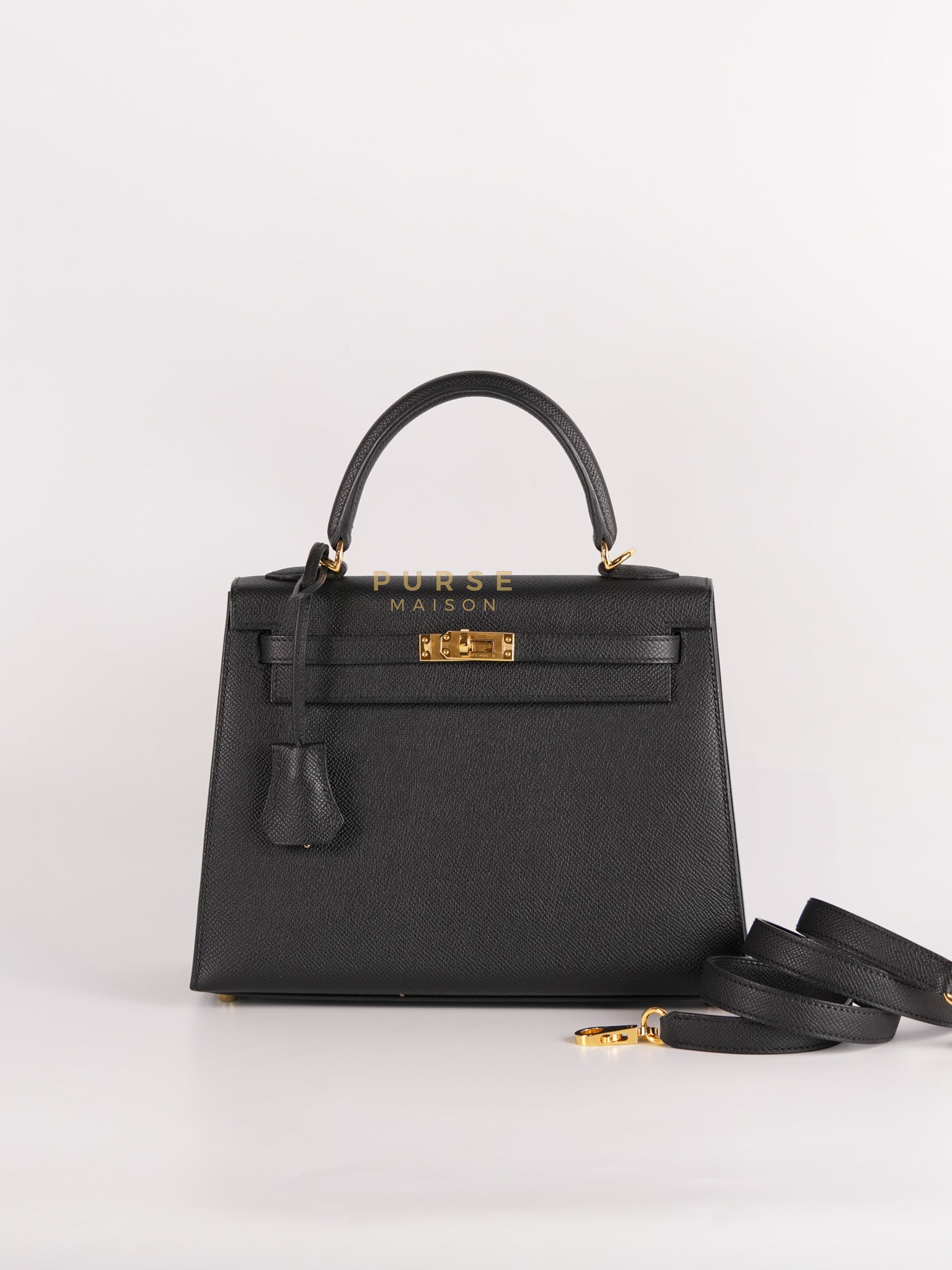 Kelly 25 in Black Epsom Leather & Gold Hardware Stamp W (2024) | Purse Maison Luxury Bags Shop