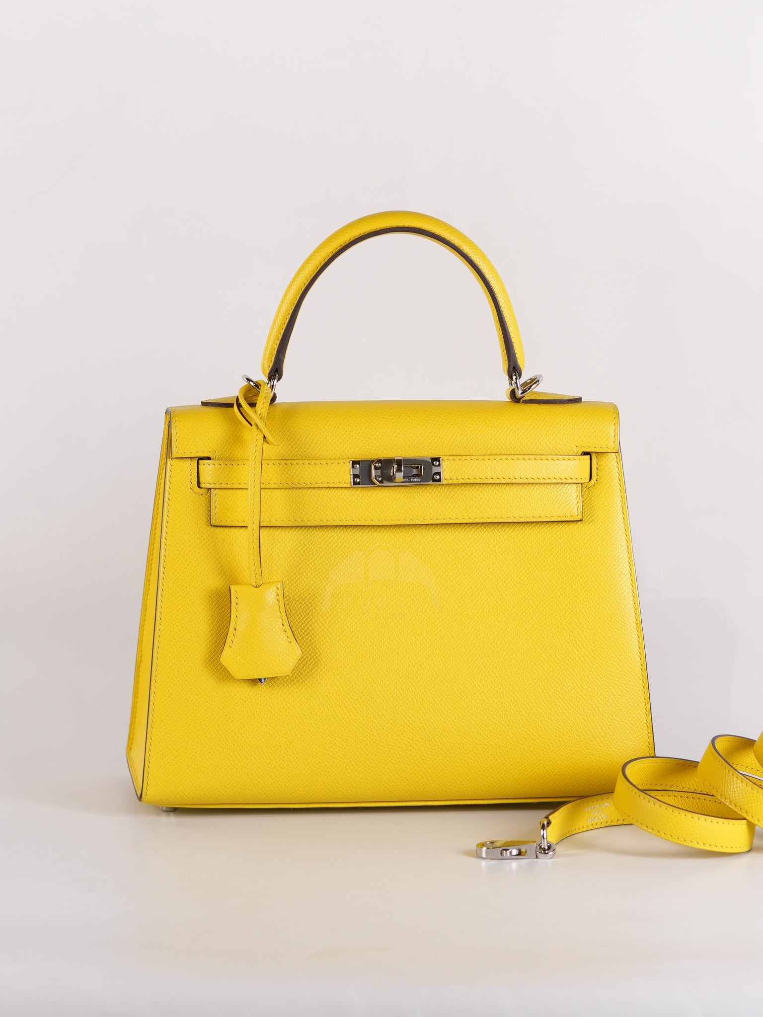 Kelly 25 in Jaune De Naples Sellier Epsom Leather & Palladium Hardware Stamp U (2022) | Purse Maison Luxury Bags Shop