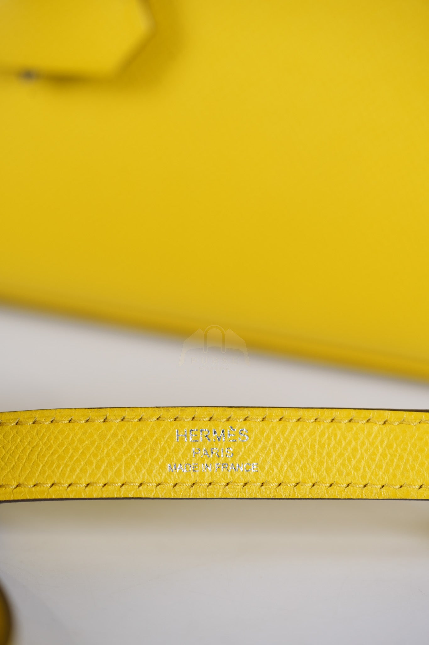 Kelly 25 in Jaune De Naples Sellier Epsom Leather & Palladium Hardware Stamp U (2022) | Purse Maison Luxury Bags Shop