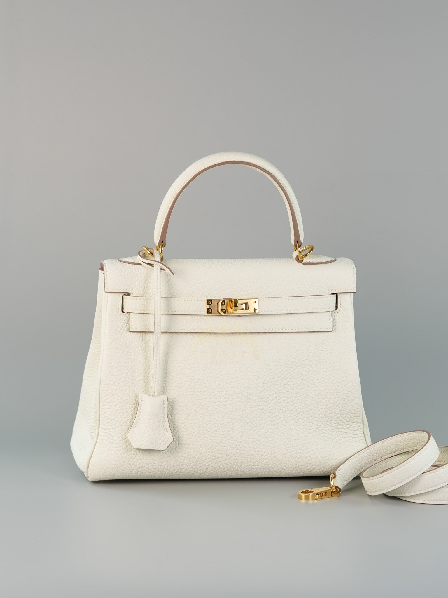 Kelly 25 in Mushroom Togo Leather Retourne & Gold Hardware Stamp B (2023) | Purse Maison Luxury Bags Shop