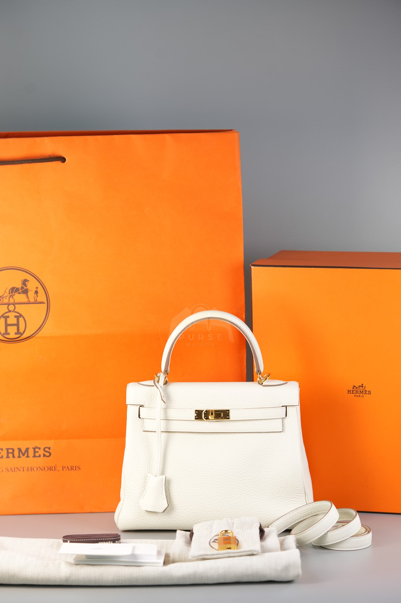 Kelly 25 in Mushroom Togo Leather Retourne & Gold Hardware Stamp B (2023) | Purse Maison Luxury Bags Shop