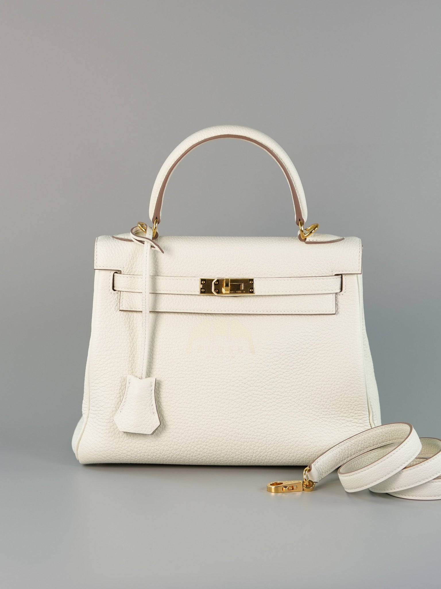 Kelly 25 in Mushroom Togo Leather Retourne & Gold Hardware Stamp B (2023) | Purse Maison Luxury Bags Shop