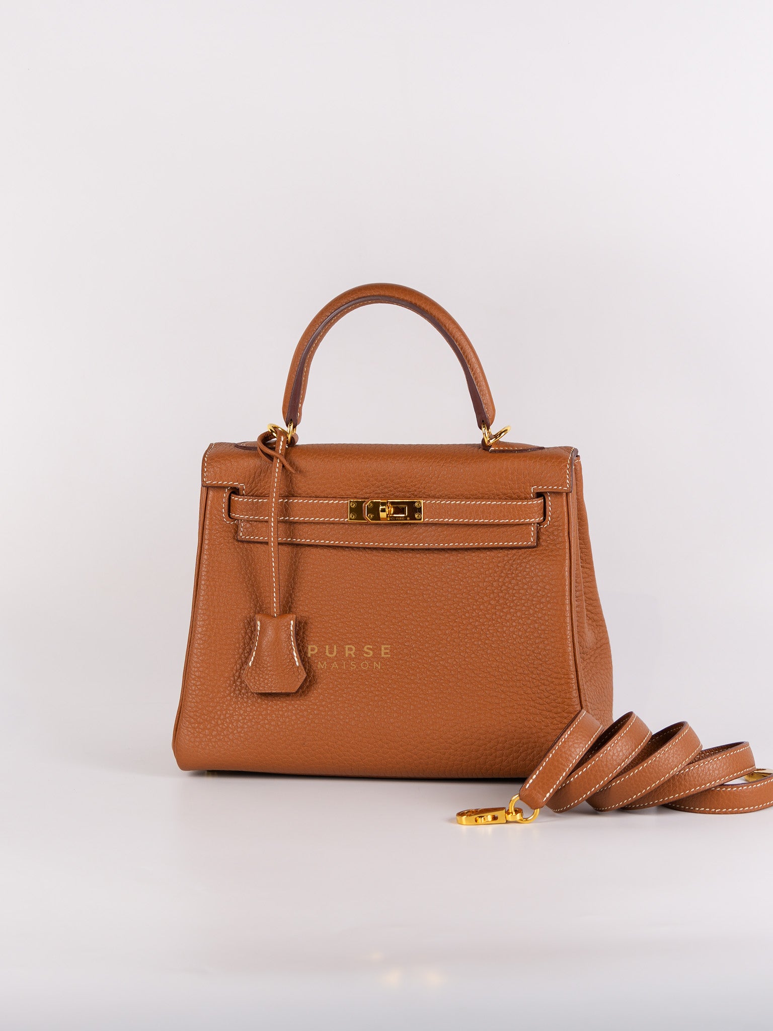 Kelly 25 Retourne Gold Togo Leather in Gold Hardware Stamp U | Purse Maison Luxury Bags Shop