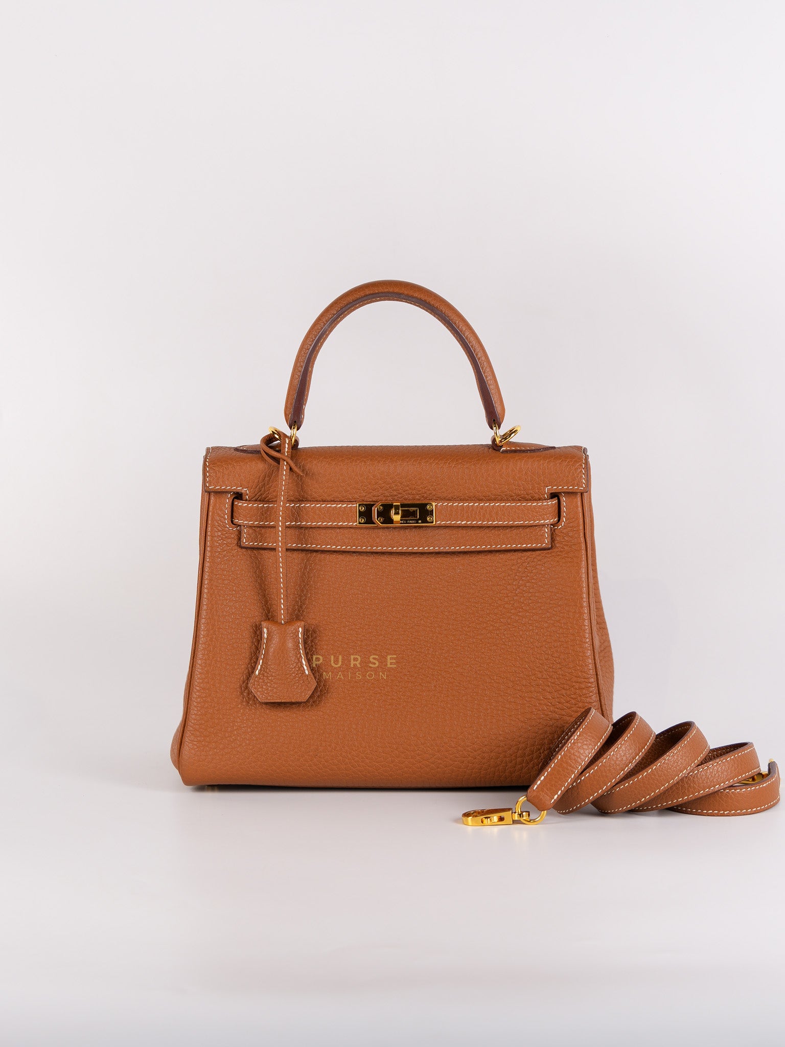 Kelly 25 Retourne Gold Togo Leather in Gold Hardware Stamp U | Purse Maison Luxury Bags Shop