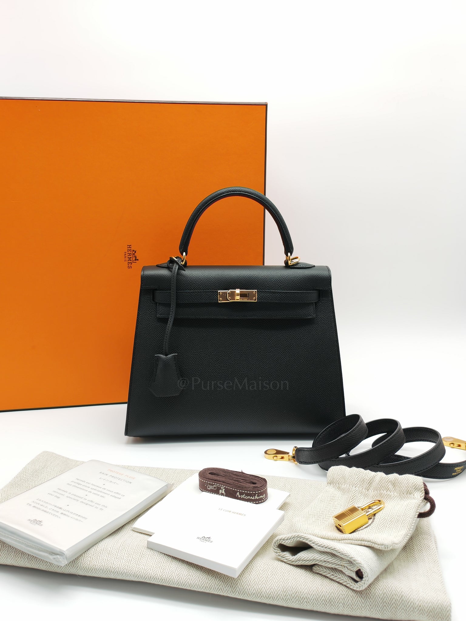 Kelly 25 Sellier Black/Noir Epsom Leather in Gold Hardware Stamp B(2023) | Purse Maison Luxury Bags Shop