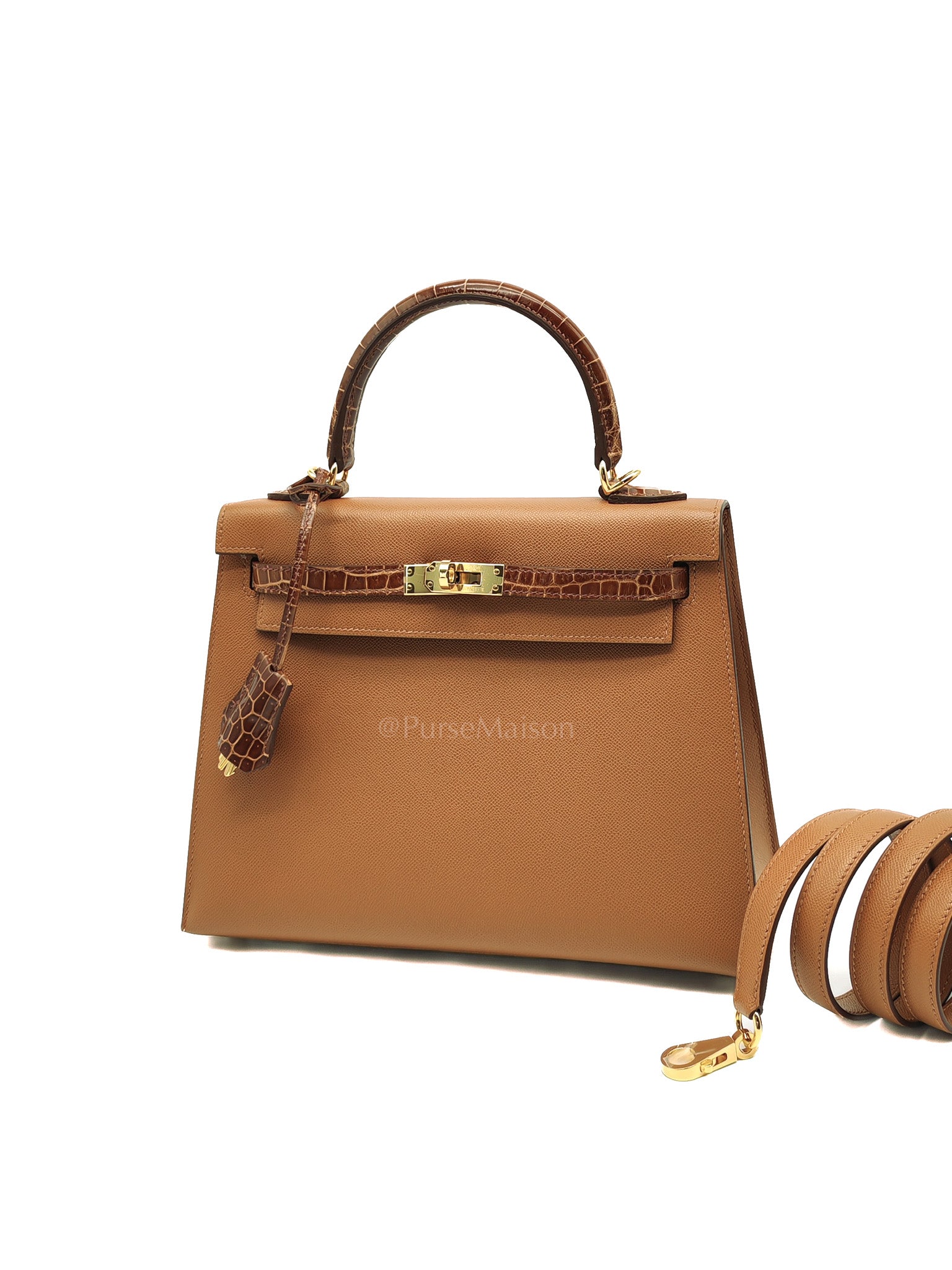 Kelly 25 Sellier in Gold Madame Leather and Shiny Croc Touch and Gold Hardware Stamp U (2022) | Purse Maison Luxury Bags Shop