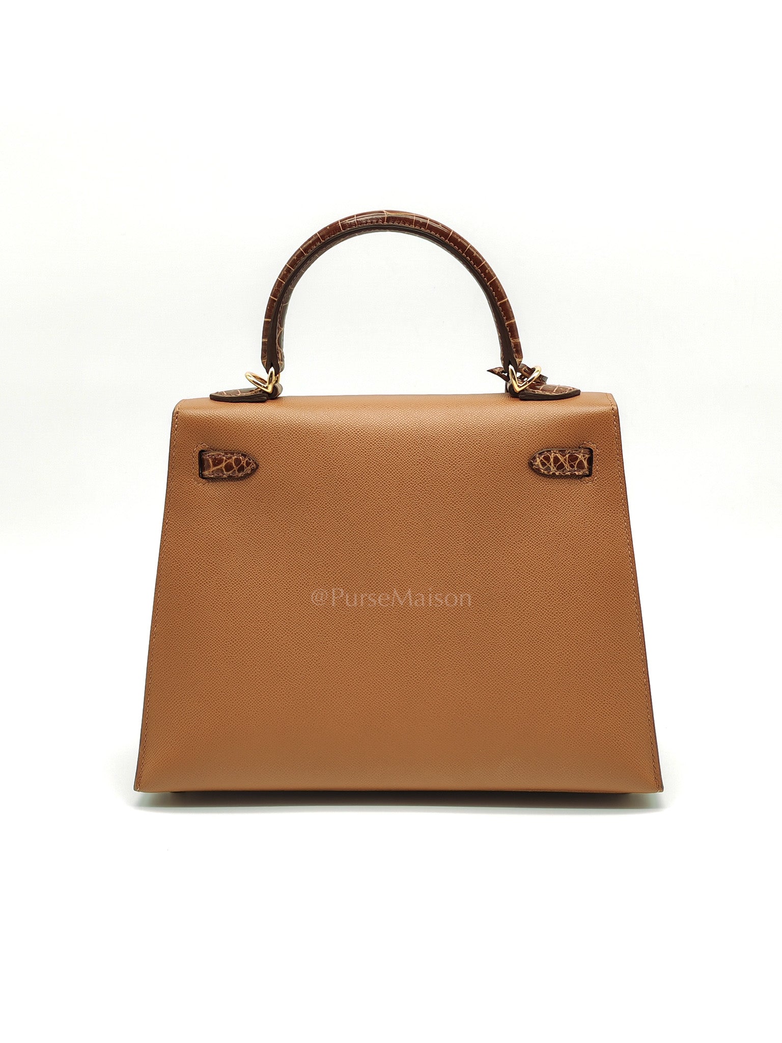 Kelly 25 Sellier in Gold Madame Leather and Shiny Croc Touch and Gold Hardware Stamp U (2022) | Purse Maison Luxury Bags Shop