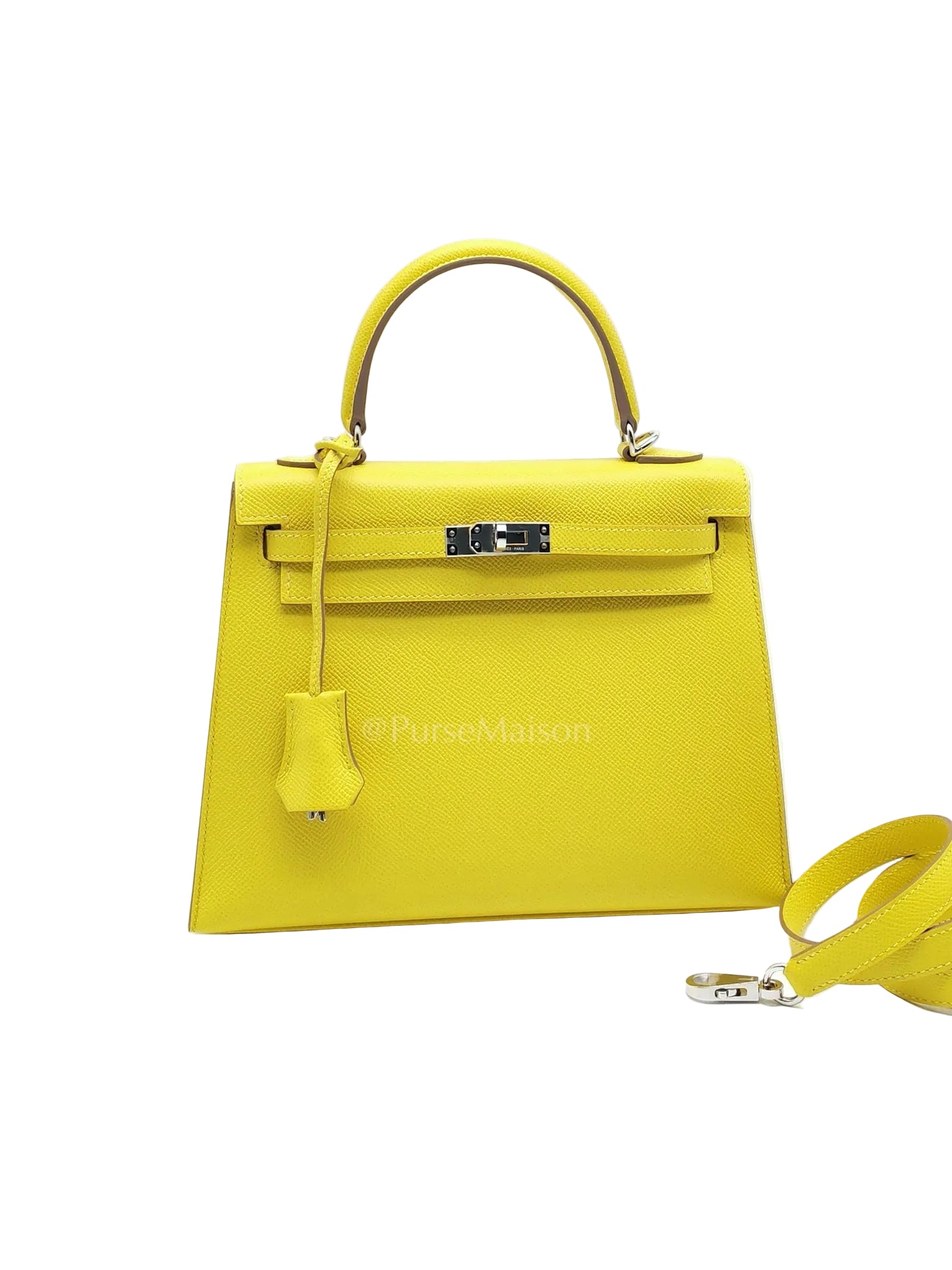 Kelly 25 Sellier in Lime Epsom Leather and Palladiun Hardware Stamp U (2022) | Purse Maison Luxury Bags Shop