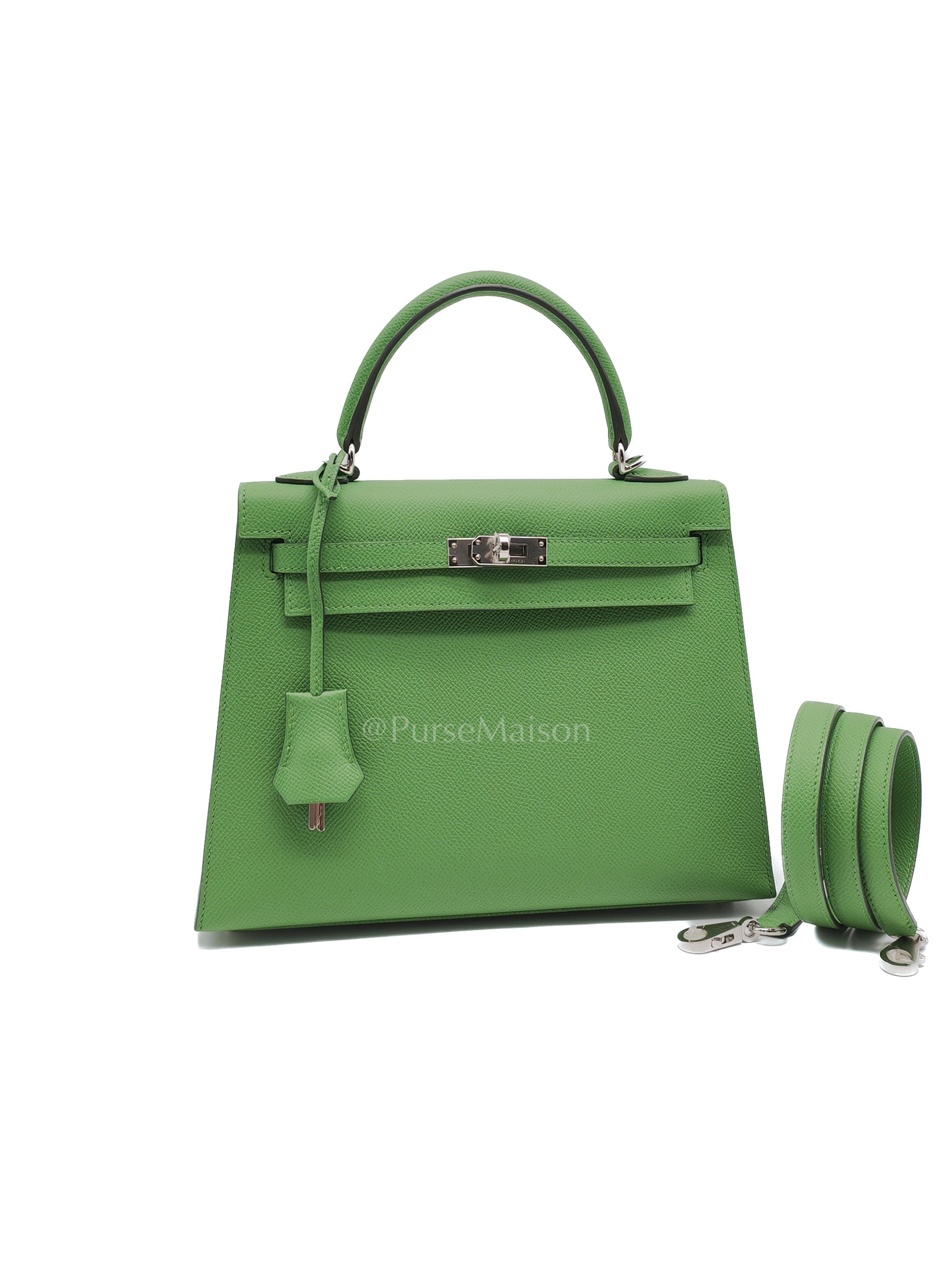 Kelly 25 Sellier in Vert Yucca Epsom Leather and Palladium Hardware Stamp W (2024) | Purse Maison Luxury Bags Shop