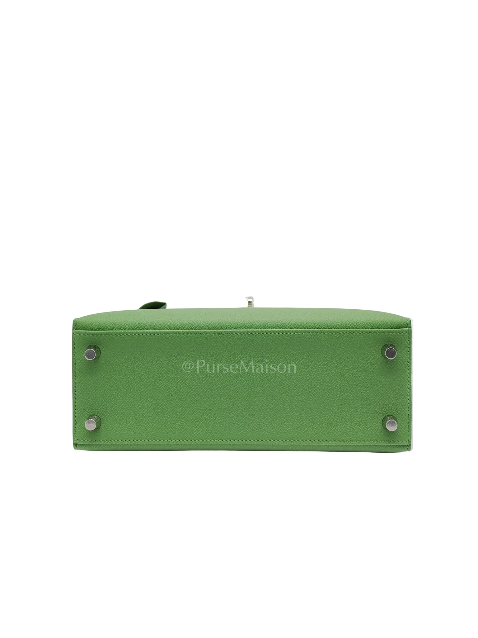 Kelly 25 Sellier in Vert Yucca Epsom Leather and Palladium Hardware Stamp W (2024) | Purse Maison Luxury Bags Shop