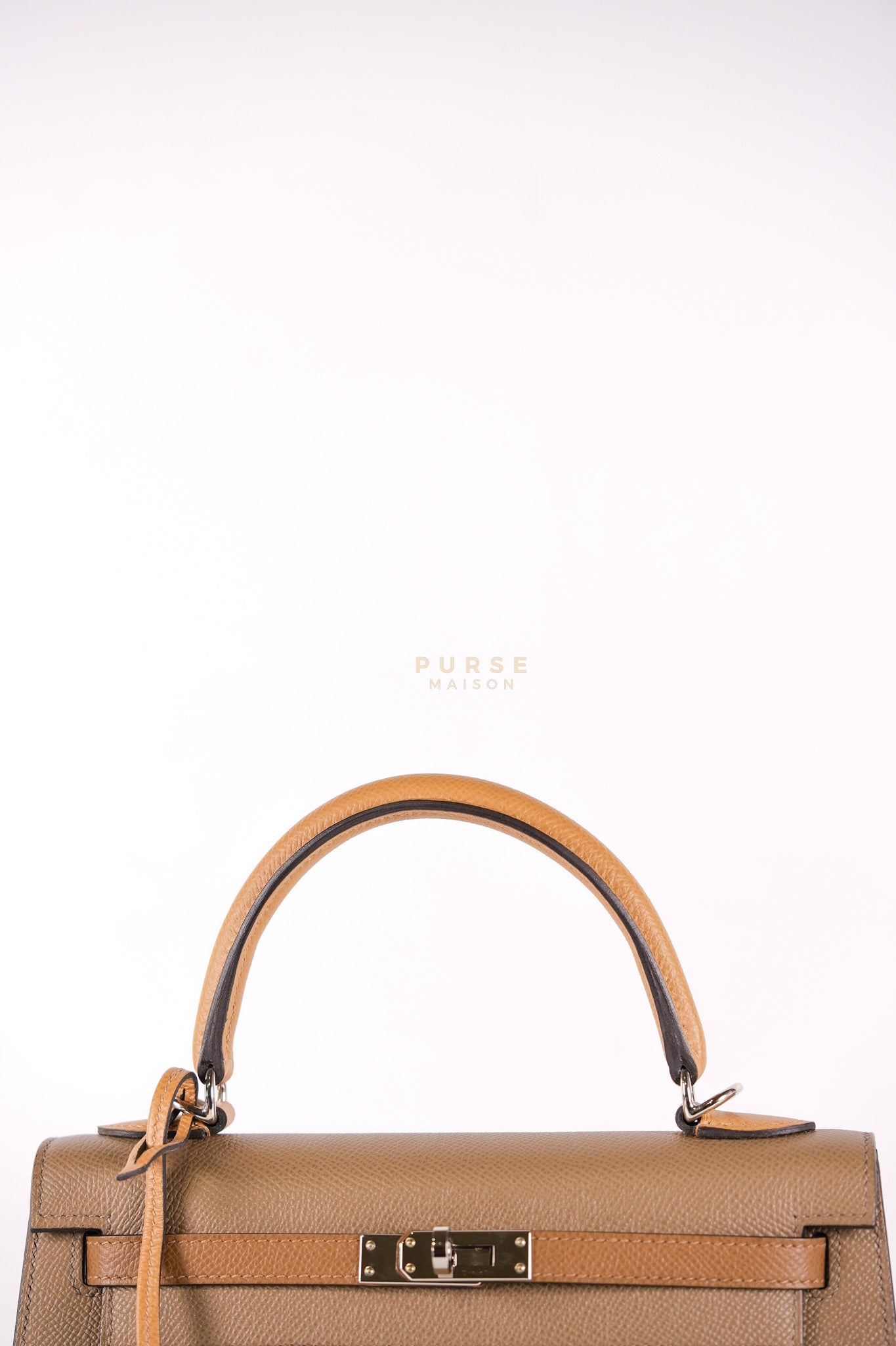 Kelly 25 Sellier Tri-Color Etoupe/ Alezan/ Biscuit in Etoupe Leather and Palladium Hardware Stamp U (2022) | Purse Maison Luxury Bags Shop