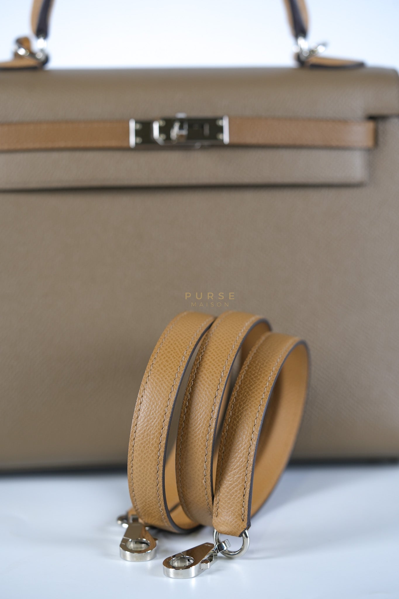 Kelly 25 Sellier Tri-Color Etoupe/ Alezan/ Biscuit in Etoupe Leather and Palladium Hardware Stamp U (2022) | Purse Maison Luxury Bags Shop