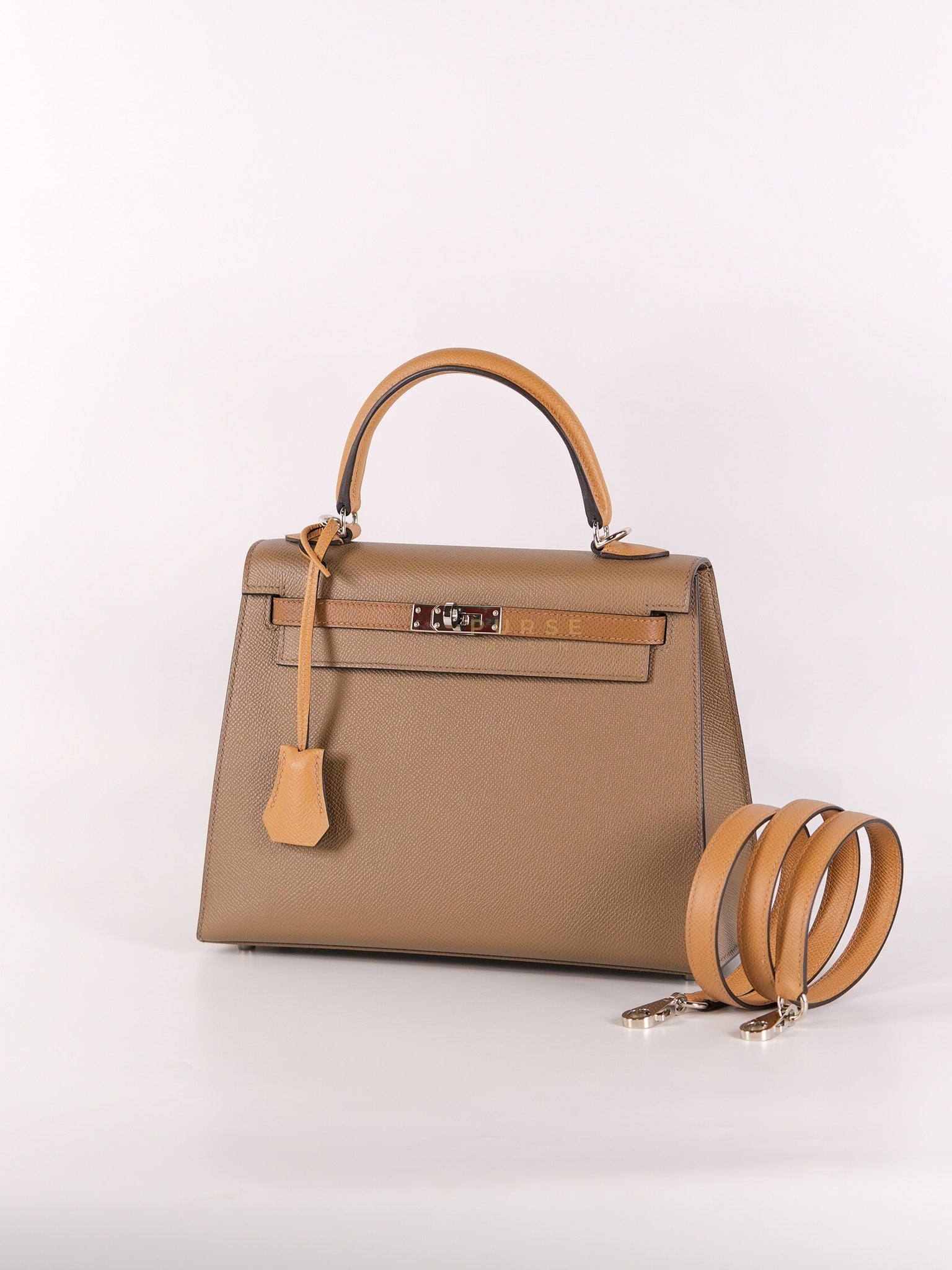 Kelly 25 Sellier Tri-Color Etoupe/ Alezan/ Biscuit in Etoupe Leather and Palladium Hardware Stamp U (2022) | Purse Maison Luxury Bags Shop