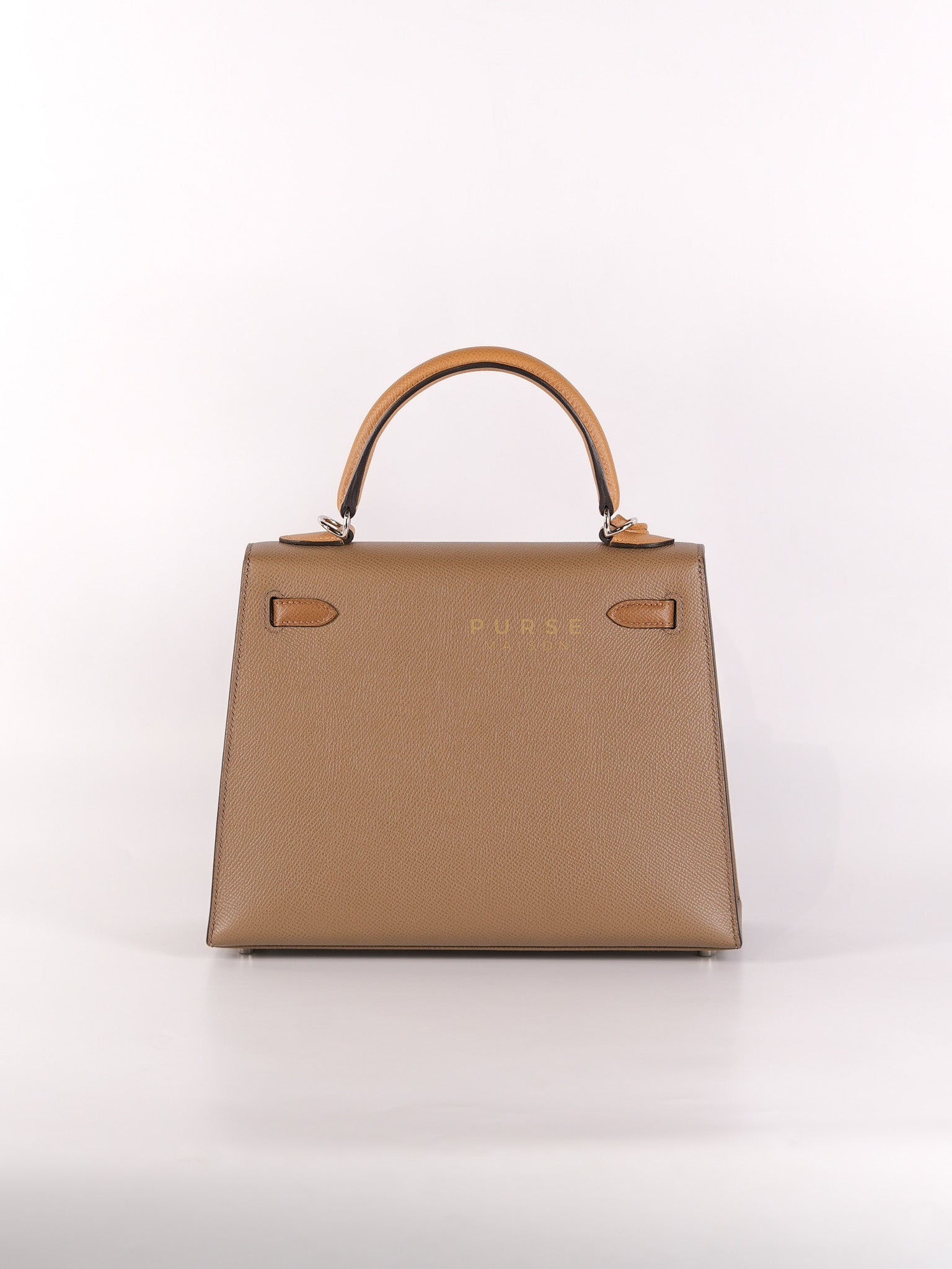 Kelly 25 Sellier Tri-Color Etoupe/ Alezan/ Biscuit in Etoupe Leather and Palladium Hardware Stamp U (2022) | Purse Maison Luxury Bags Shop