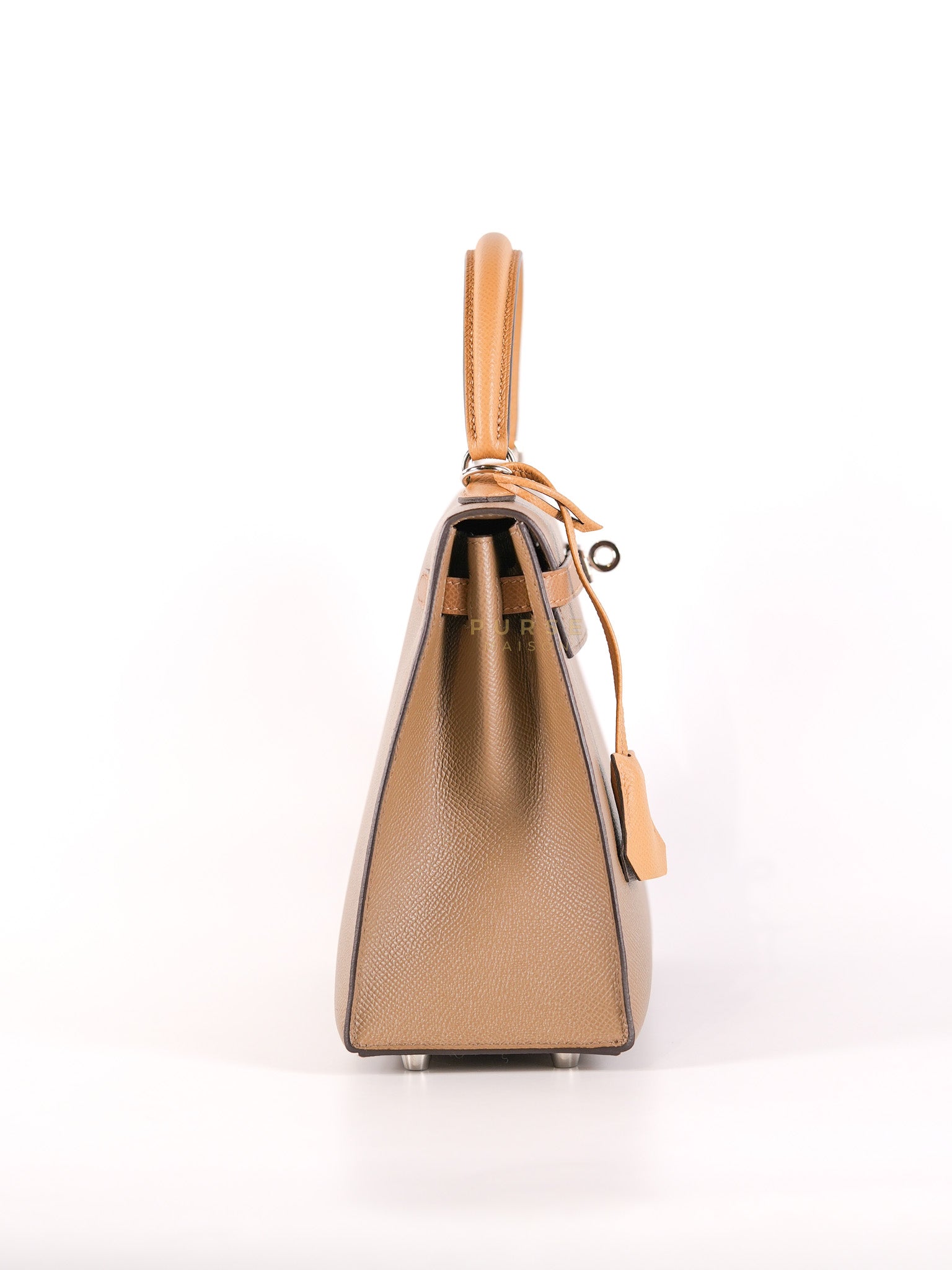 Kelly 25 Sellier Tri-Color Etoupe/ Alezan/ Biscuit in Etoupe Leather and Palladium Hardware Stamp U (2022) | Purse Maison Luxury Bags Shop