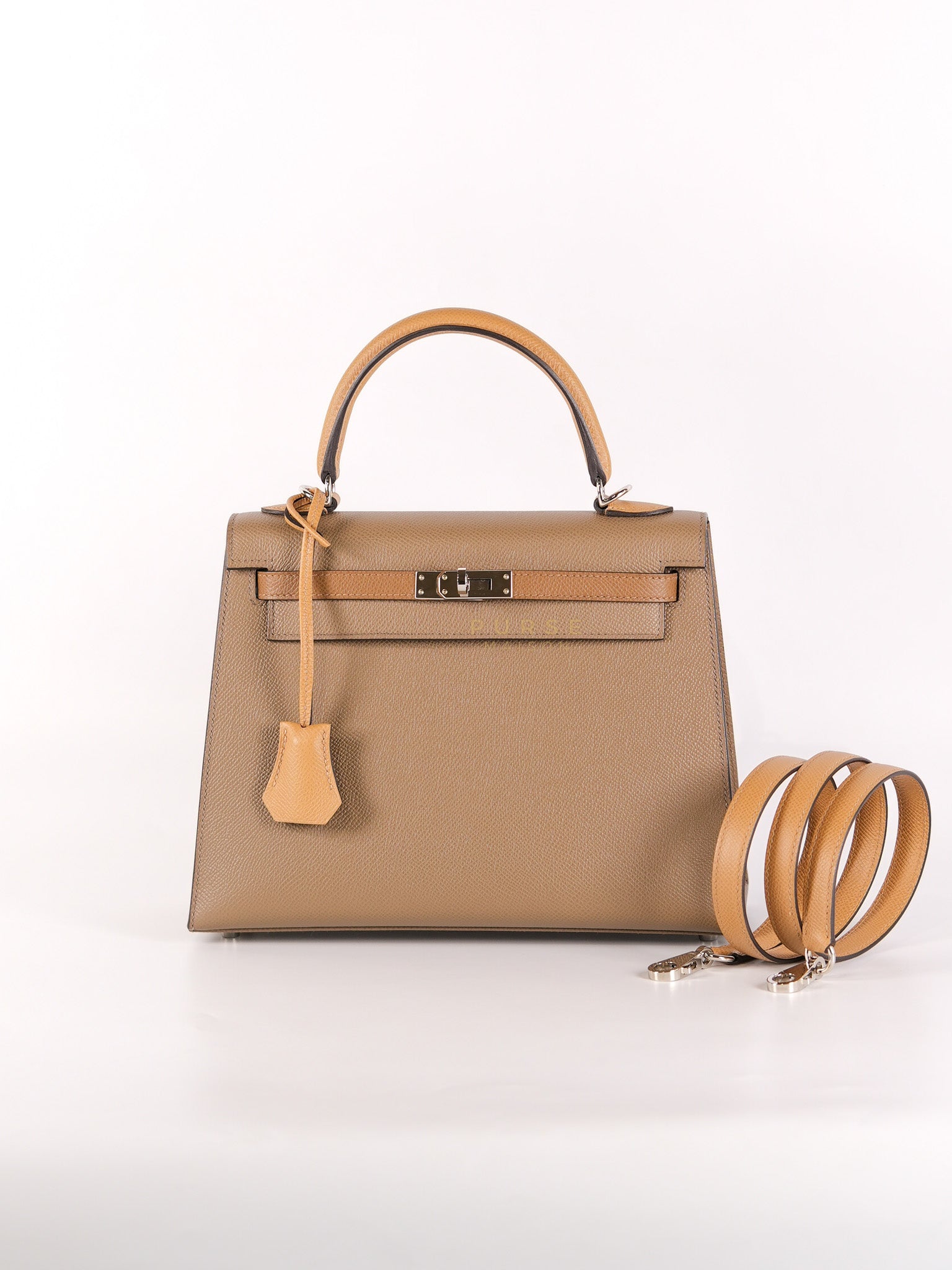 Kelly 25 Sellier Tri-Color Etoupe/ Alezan/ Biscuit in Etoupe Leather and Palladium Hardware Stamp U (2022) | Purse Maison Luxury Bags Shop