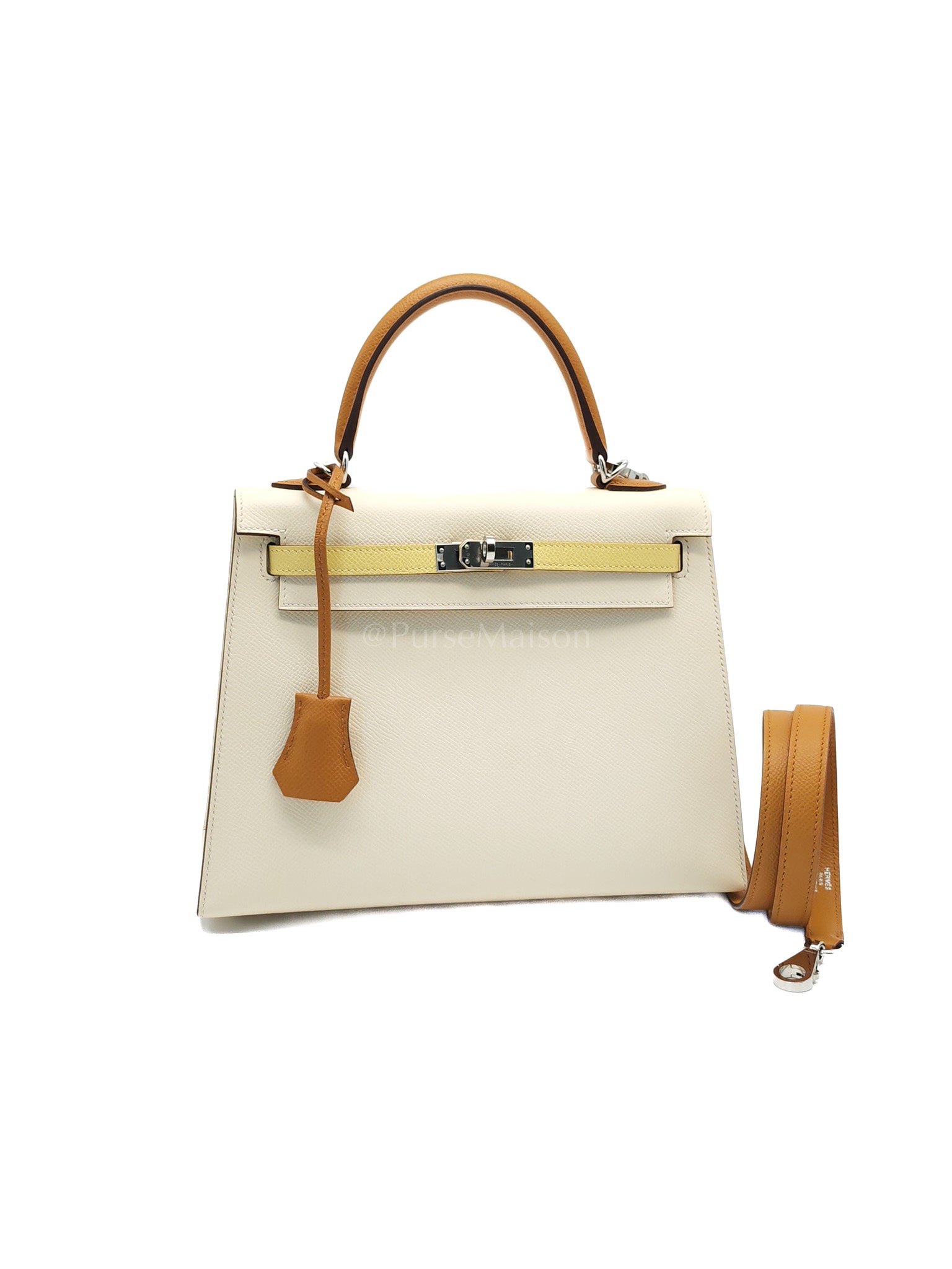 Kelly 25 Sellier Tri-color Nata/Jaune Poussin/Sesame Epsom Leather in Palladium Hardware Stamp Z(2021) | Purse Maison Luxury Bags Shop