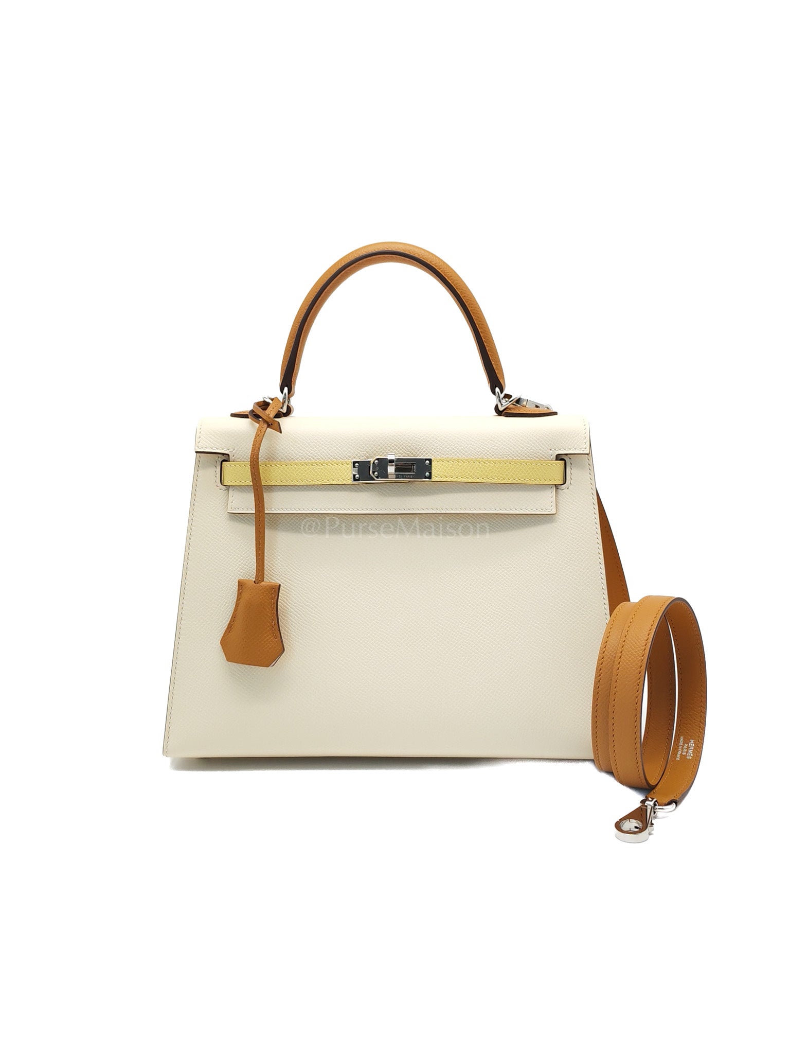 Kelly 25 Sellier Tri-color Nata/Jaune Poussin/Sesame Epsom Leather in Palladium Hardware Stamp Z(2021) | Purse Maison Luxury Bags Shop