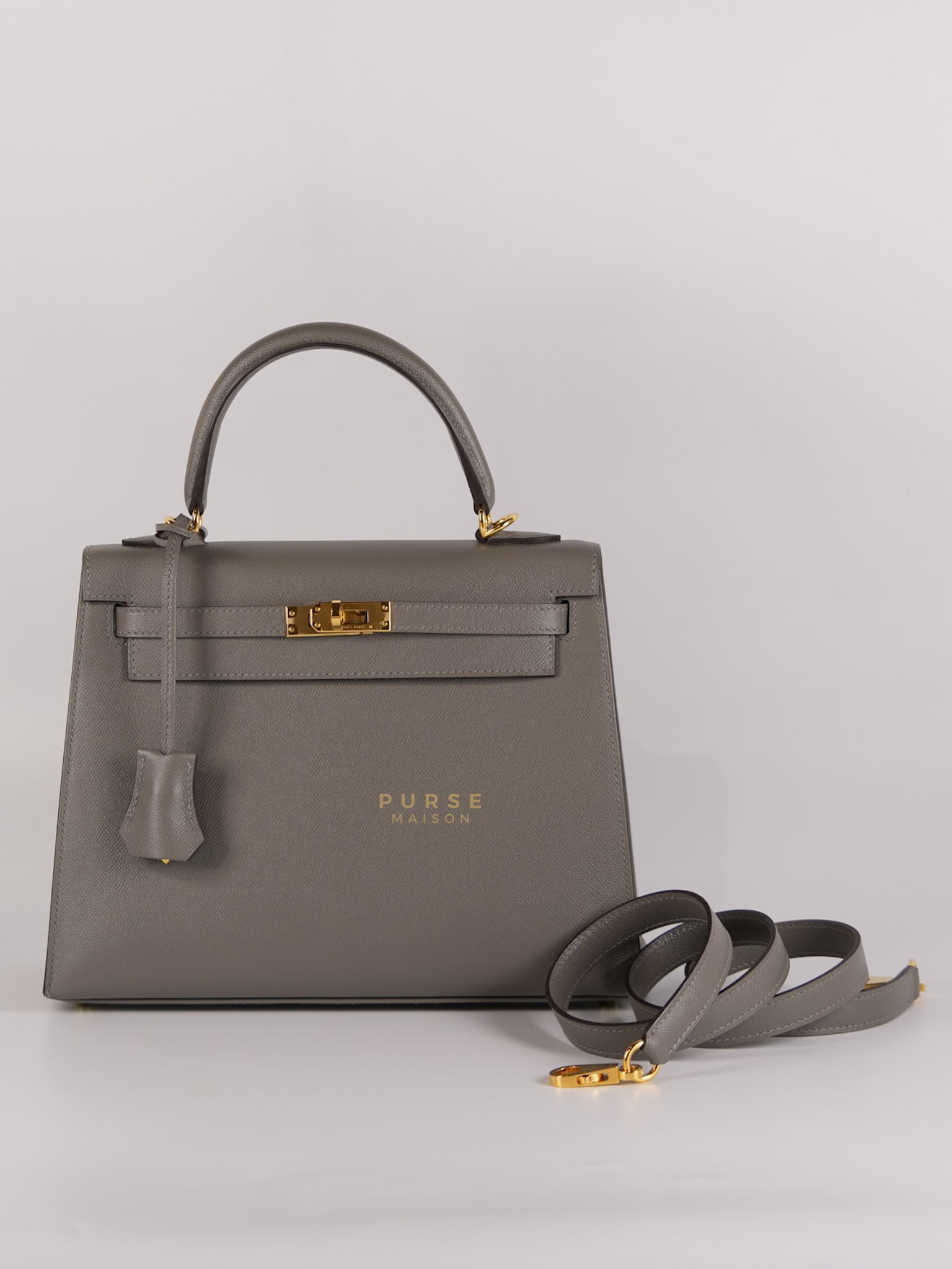 Kelly 25 Veau Madame Gris Meyer in Gold Hardware Stamp U (2022) | Purse Maison Luxury Bags Shop