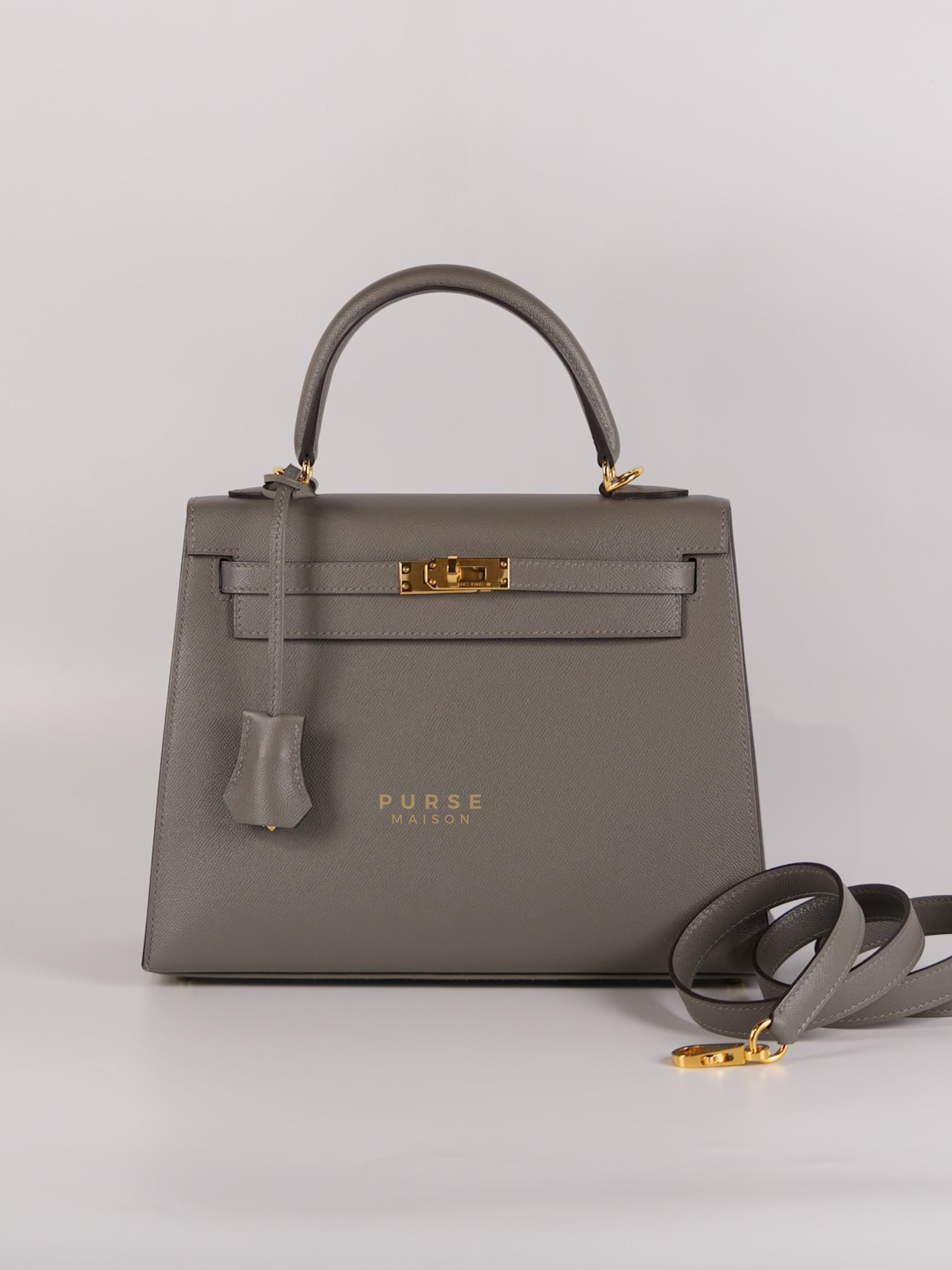 Kelly 25 Veau Madame Gris Meyer in Gold Hardware Stamp U (2022) | Purse Maison Luxury Bags Shop