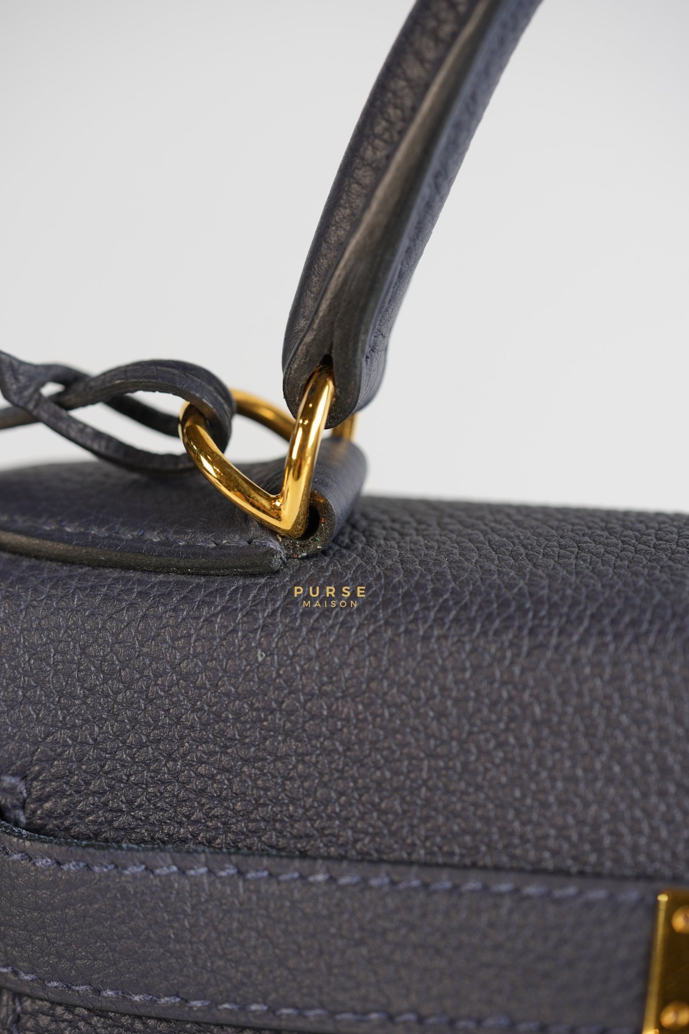 Kelly 28 in Bleu Nuit Togo Leather and Gold Hardware Stamp D | Purse Maison Luxury Bags Shop