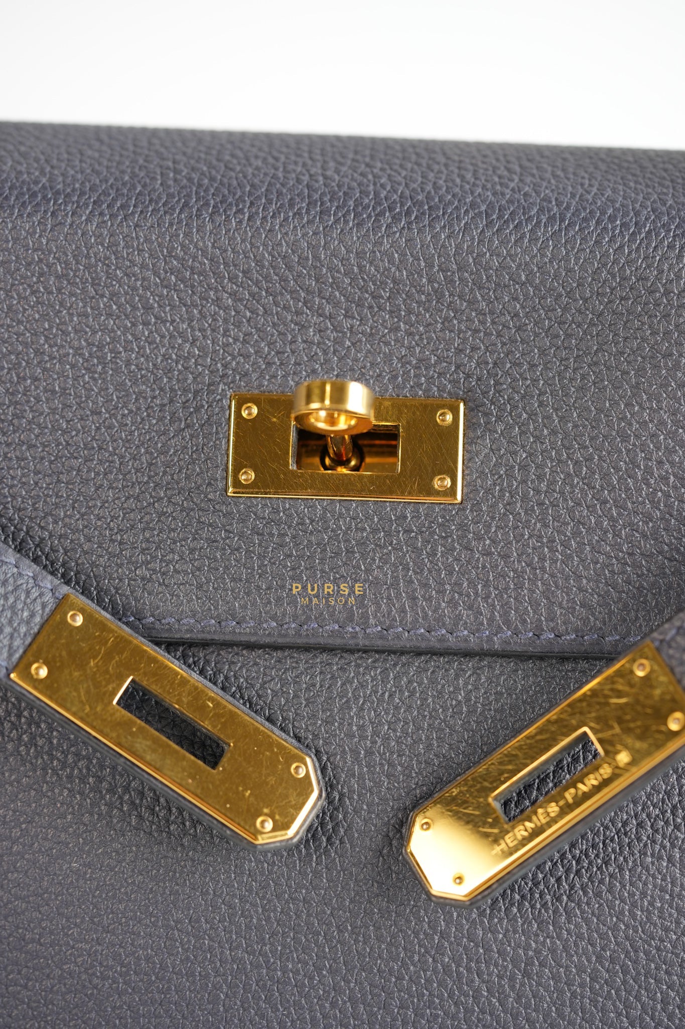 Kelly 28 in Bleu Nuit Togo Leather and Gold Hardware Stamp D | Purse Maison Luxury Bags Shop