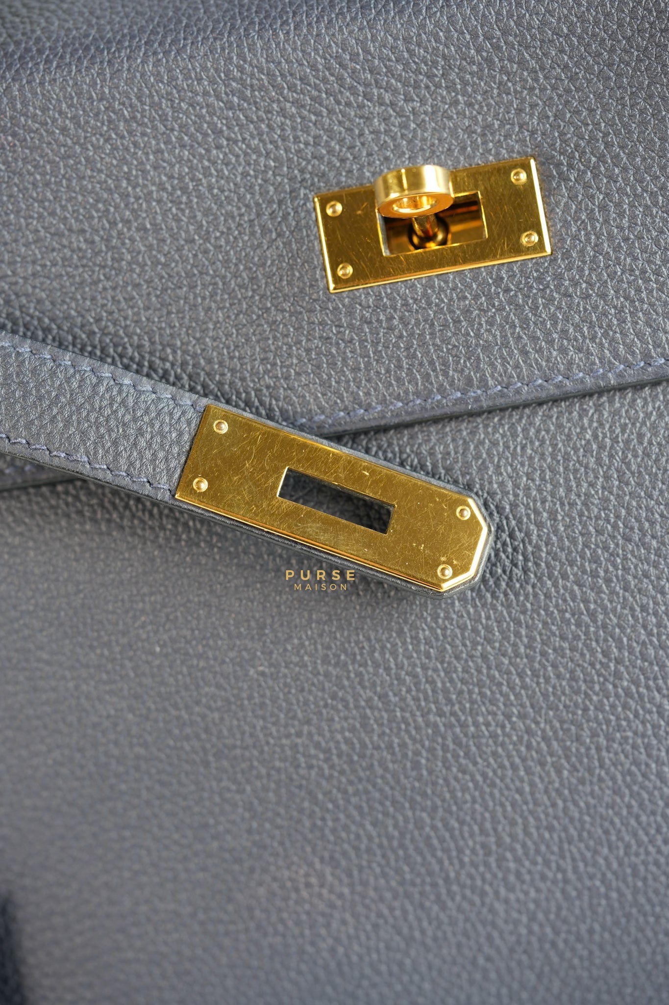 Kelly 28 in Bleu Nuit Togo Leather and Gold Hardware Stamp D | Purse Maison Luxury Bags Shop