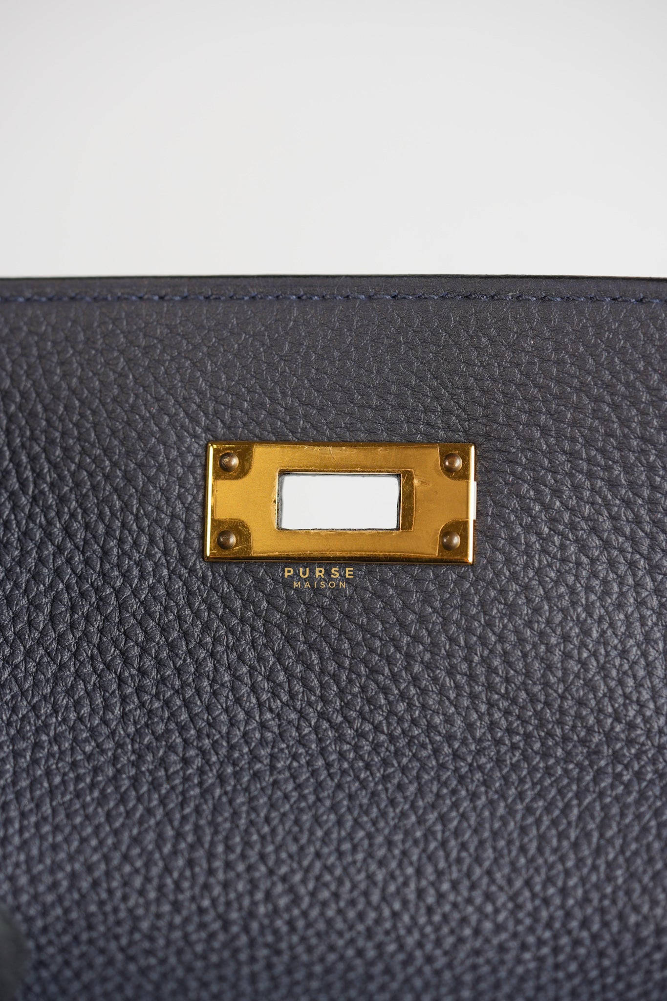 Kelly 28 in Bleu Nuit Togo Leather and Gold Hardware Stamp D | Purse Maison Luxury Bags Shop